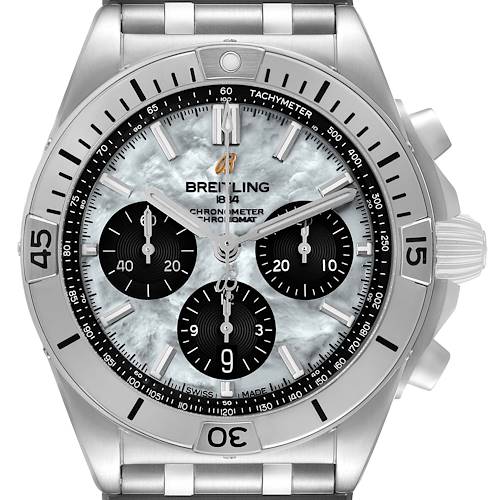 The Breitling Chronomat AB0134 Men's Stainless Steel Mother of Pearl Dial watch is shown from the front, displaying the bezel, dial, subdials, and part of the bracelet.