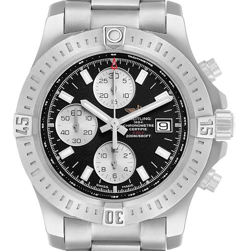 The Breitling Colt A1338811/BD83 Men's Stainless Steel Black Dial watch is shown from a front view, displaying the dial, bezel, subdials, and side pushers.