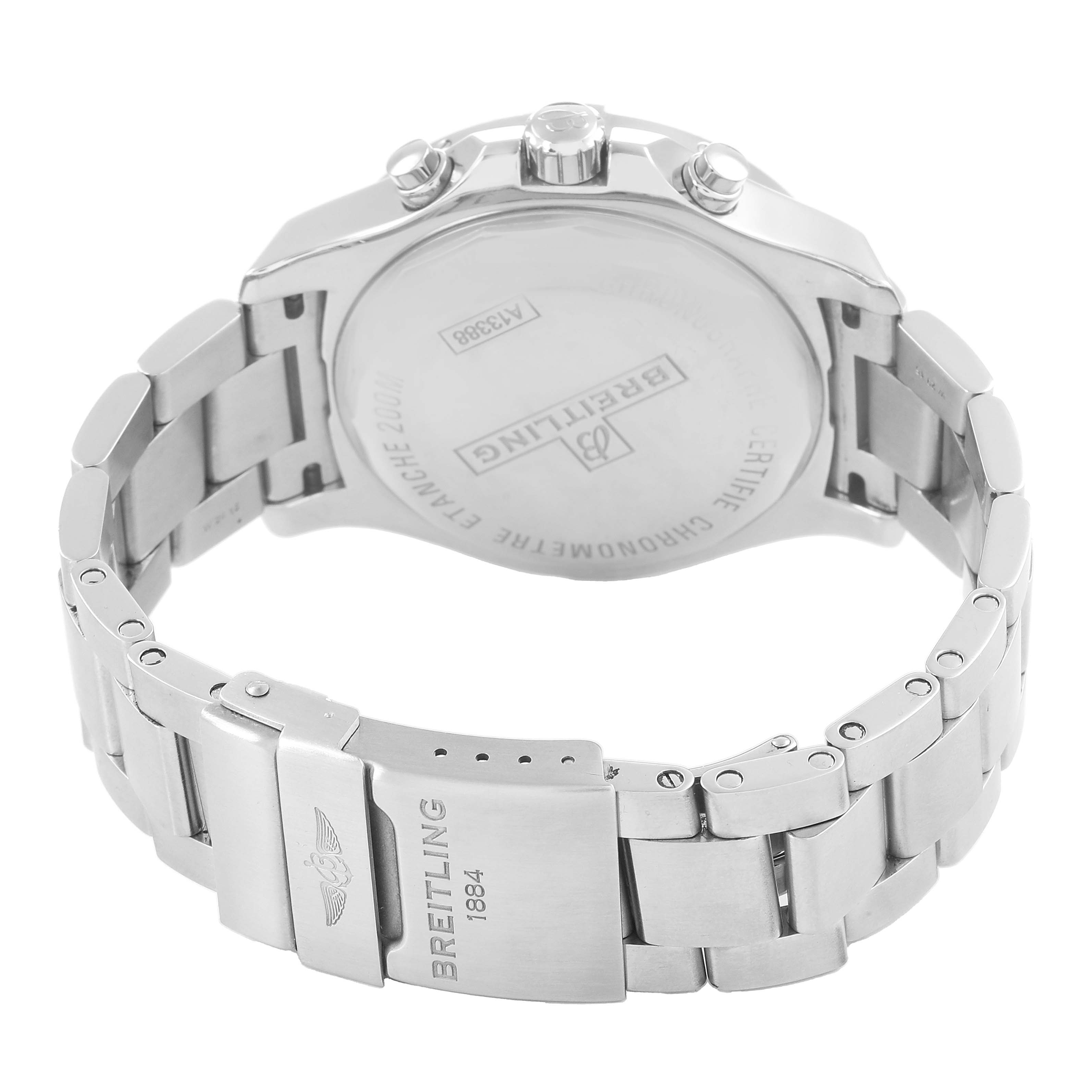 The image shows the back case and the metal bracelet of a Breitling Colt A1338811/BD83 Men's Stainless Steel Black Dial watch from a behind angle.