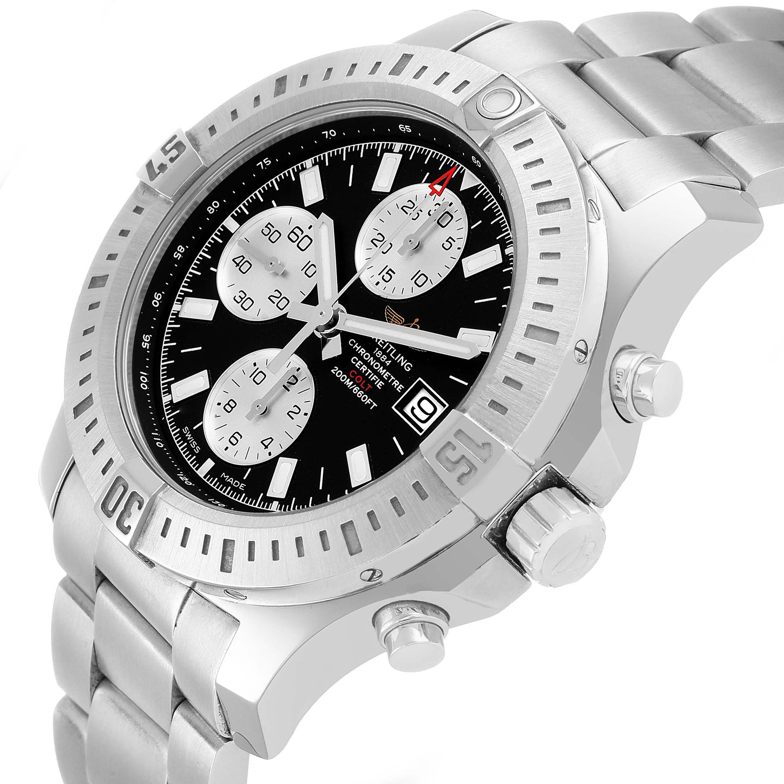 The Breitling Colt A1338811/BD83 Men's Stainless Steel Black Dial watch is shown at an angle highlighting the bezel, bracelet, sub-dials, and crown.