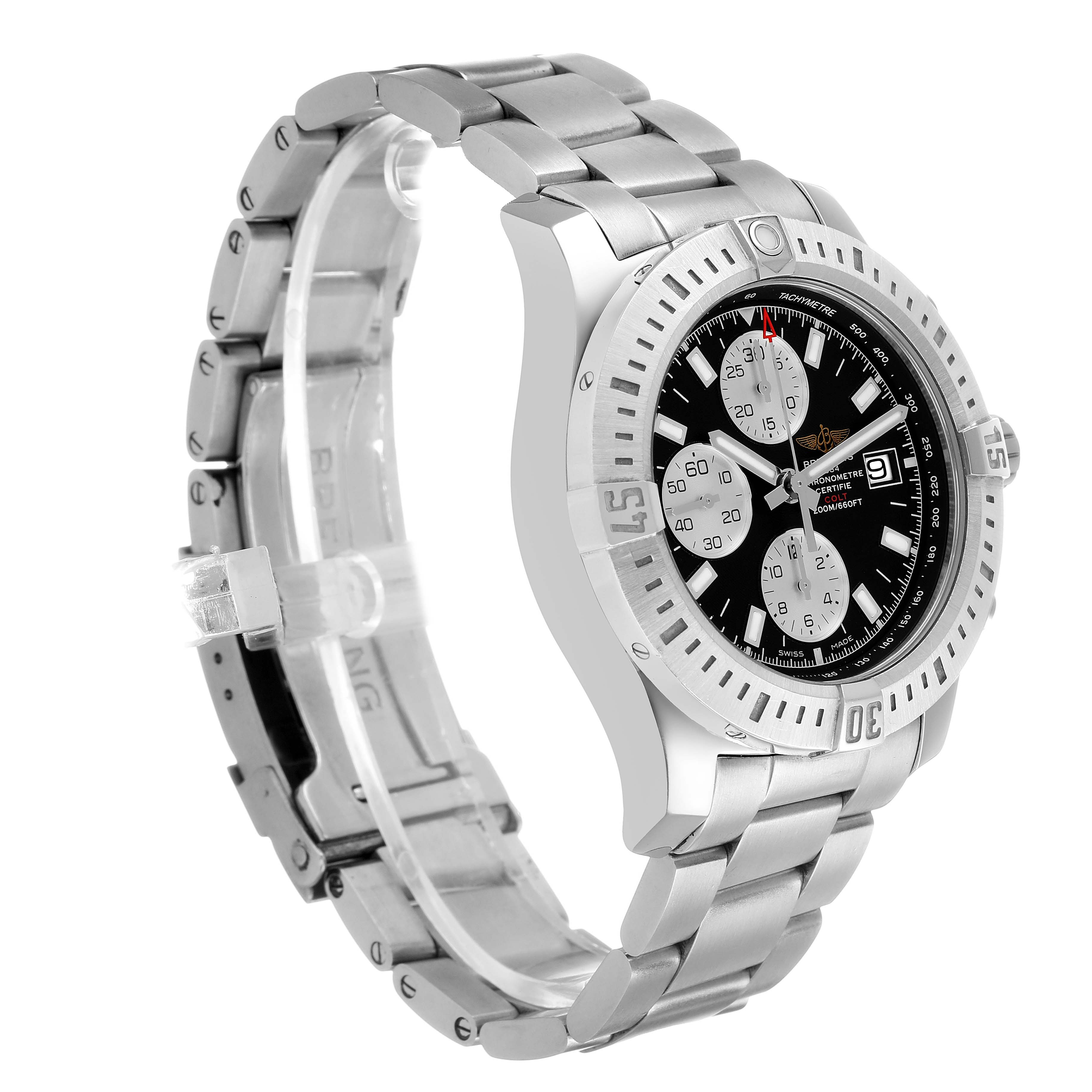 The image shows a side angle of the Breitling Colt A1338811/BD83 Men's Stainless Steel Black Dial watch, highlighting its bezel, dial, and metal bracelet.