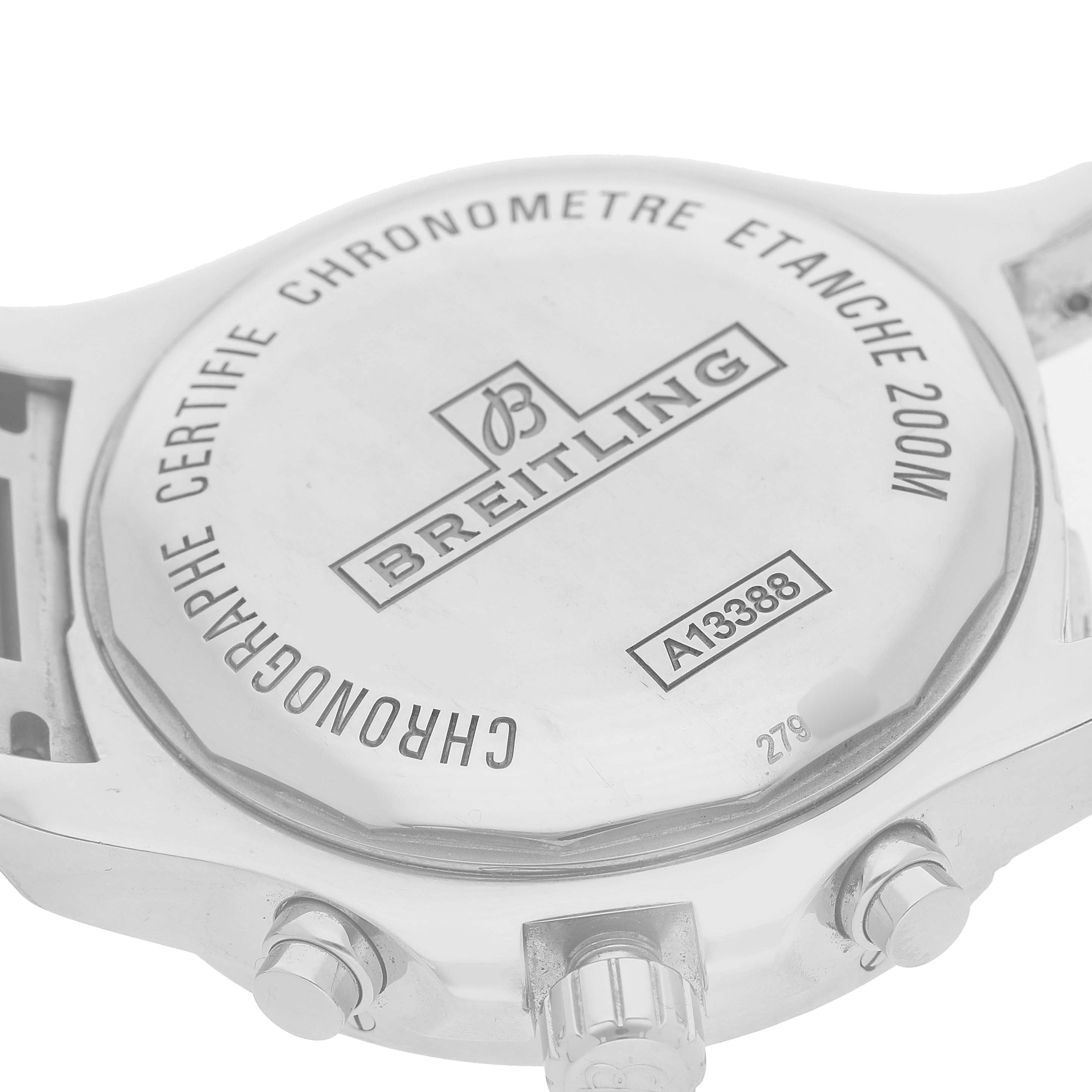 The image shows the case back of a Breitling Colt A1338811/BD83 Men's Stainless Steel Black Dial watch, highlighting the brand logo, model number, and chronometer details.