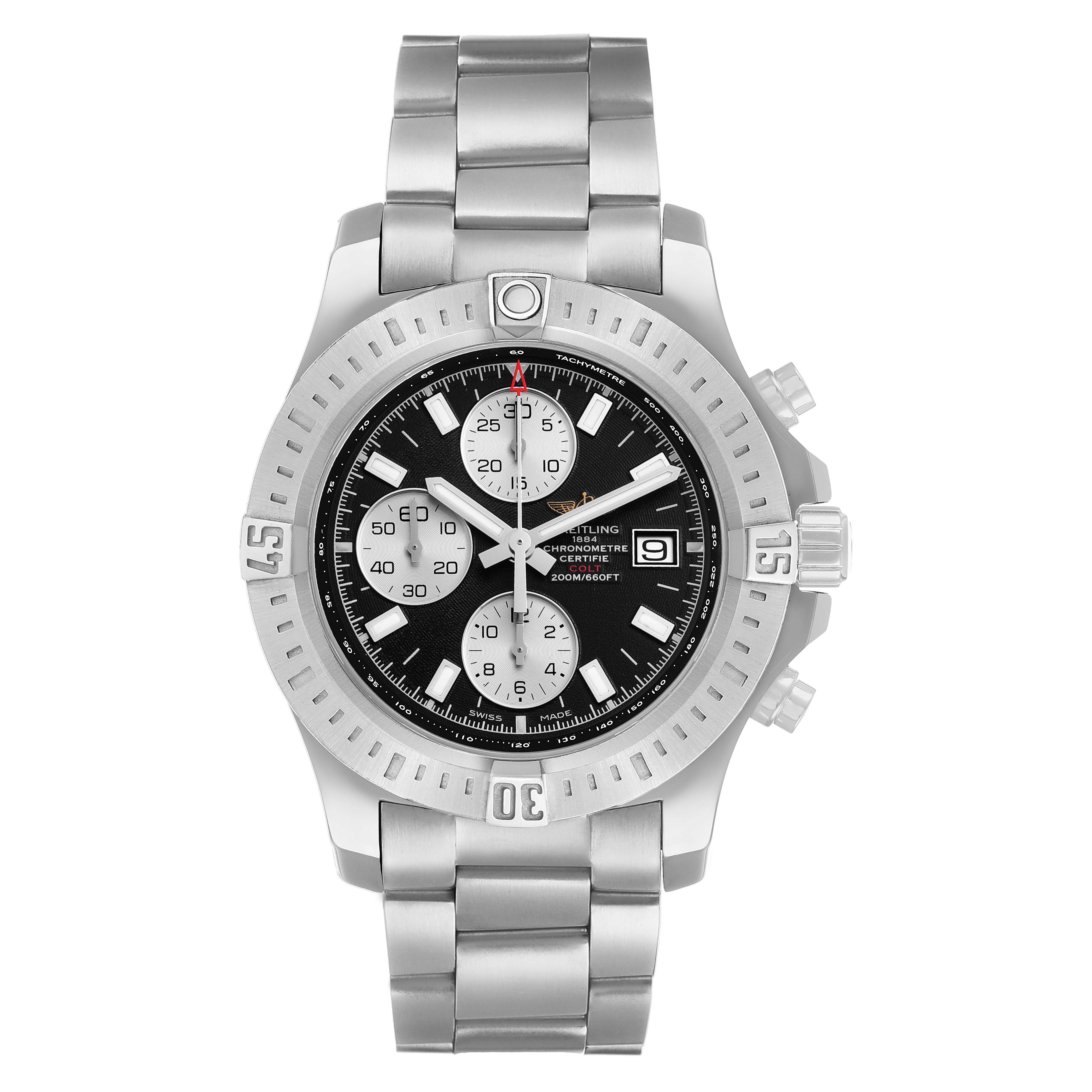 The Breitling Colt A1338811/BD83 Men's Stainless Steel Black Dial watch is shown from the front, featuring a metal bracelet, bezel, dial with sub-dials, and date window.