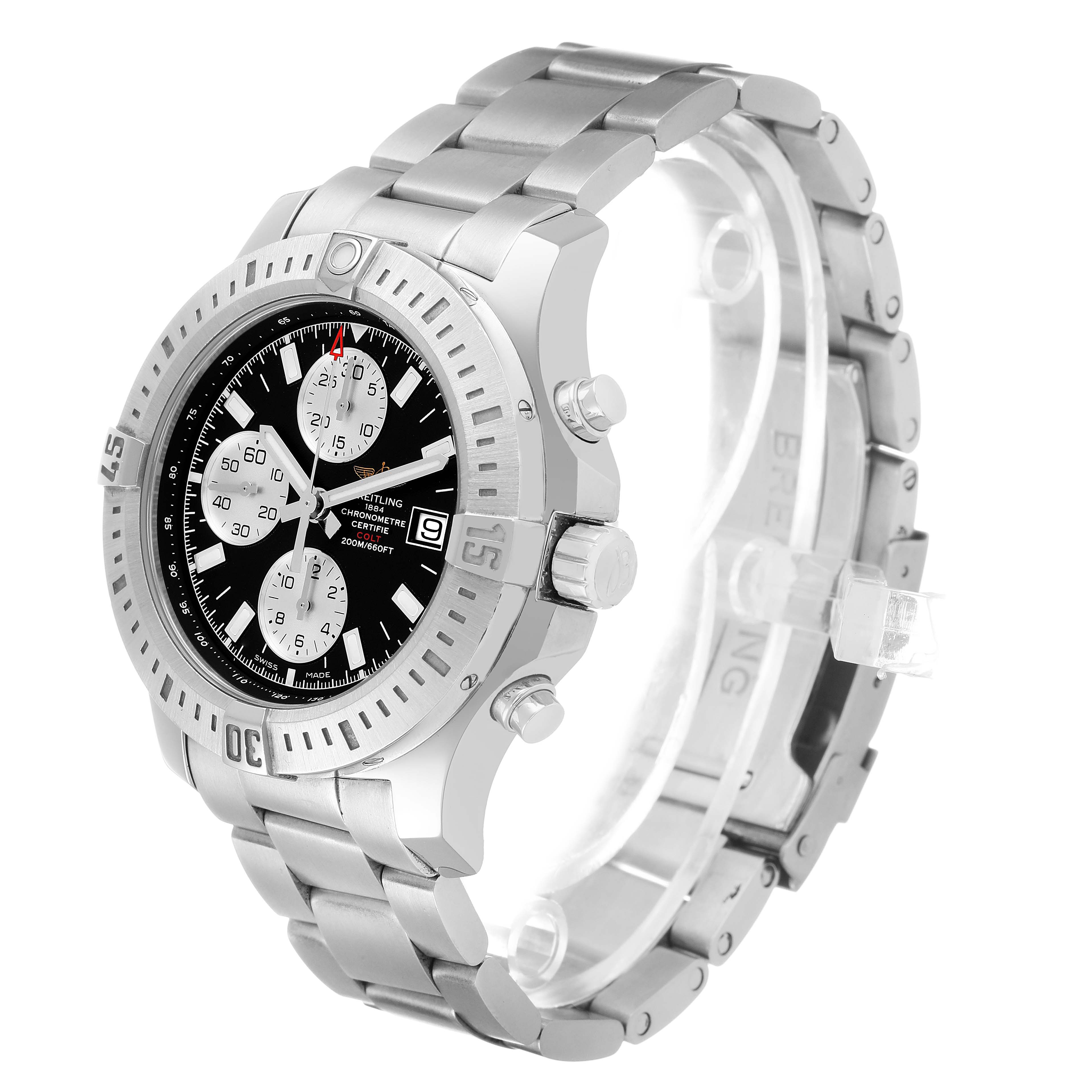 The Breitling Colt A1338811/BD83 Men's Stainless Steel Black Dial watch is shown at a three-quarter angle, highlighting the bezel, face, and stainless steel bracelet.