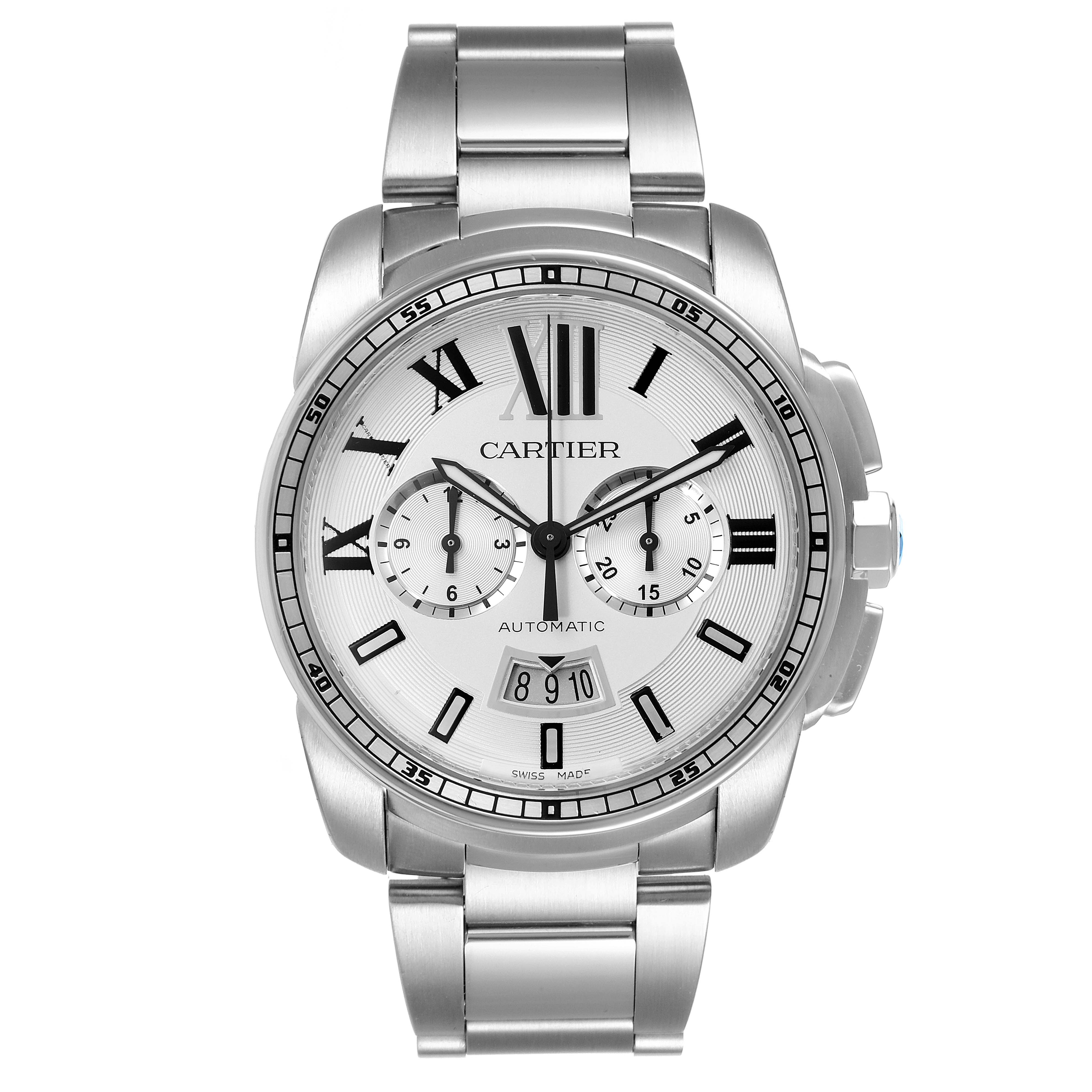 The image shows a front view of the Calibre de Cartier watch by Cartier, displaying the dial and stainless steel bracelet.