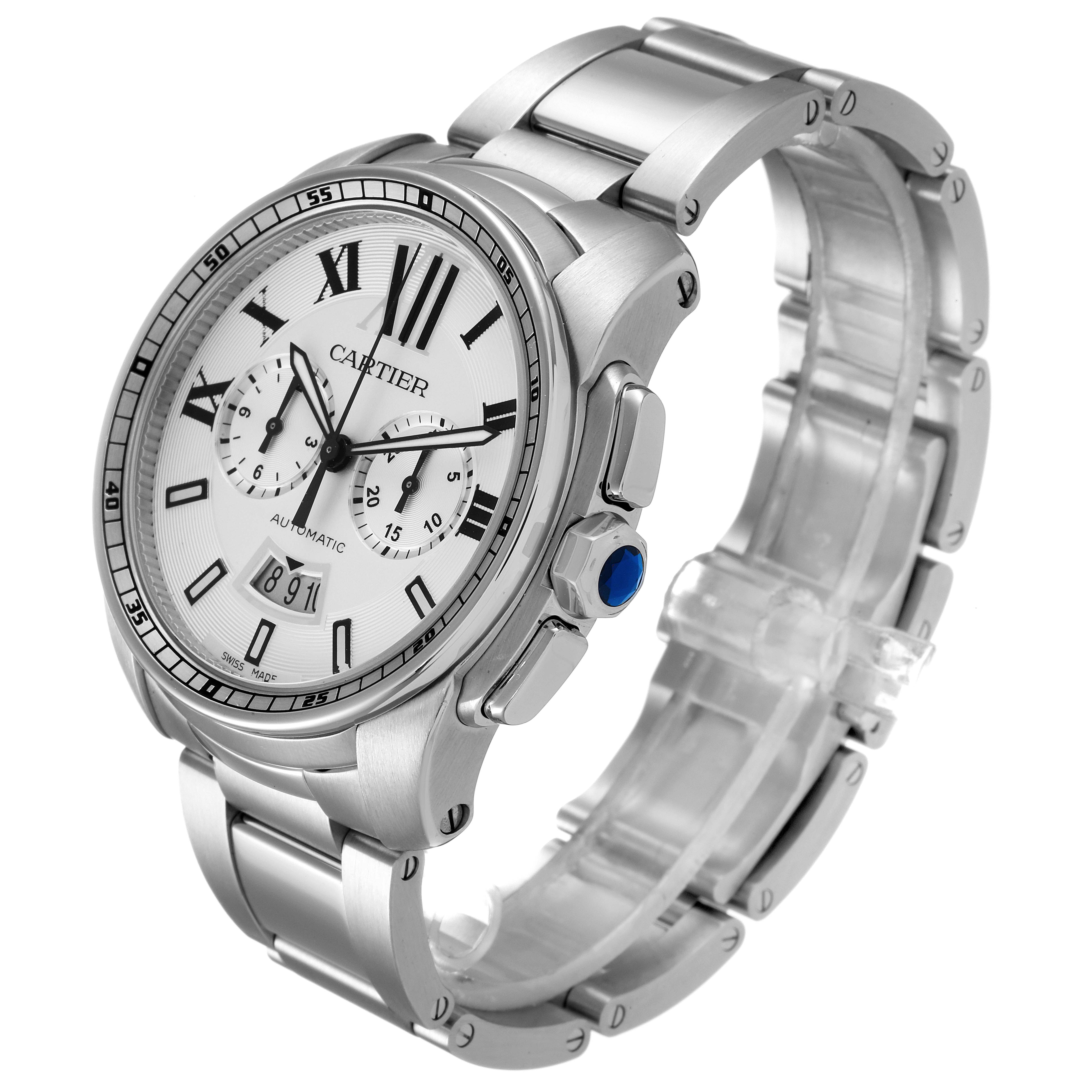 The image shows a Calibre de Cartier watch by Cartier from a three-quarter angle, highlighting its face, bezel, and metal bracelet.