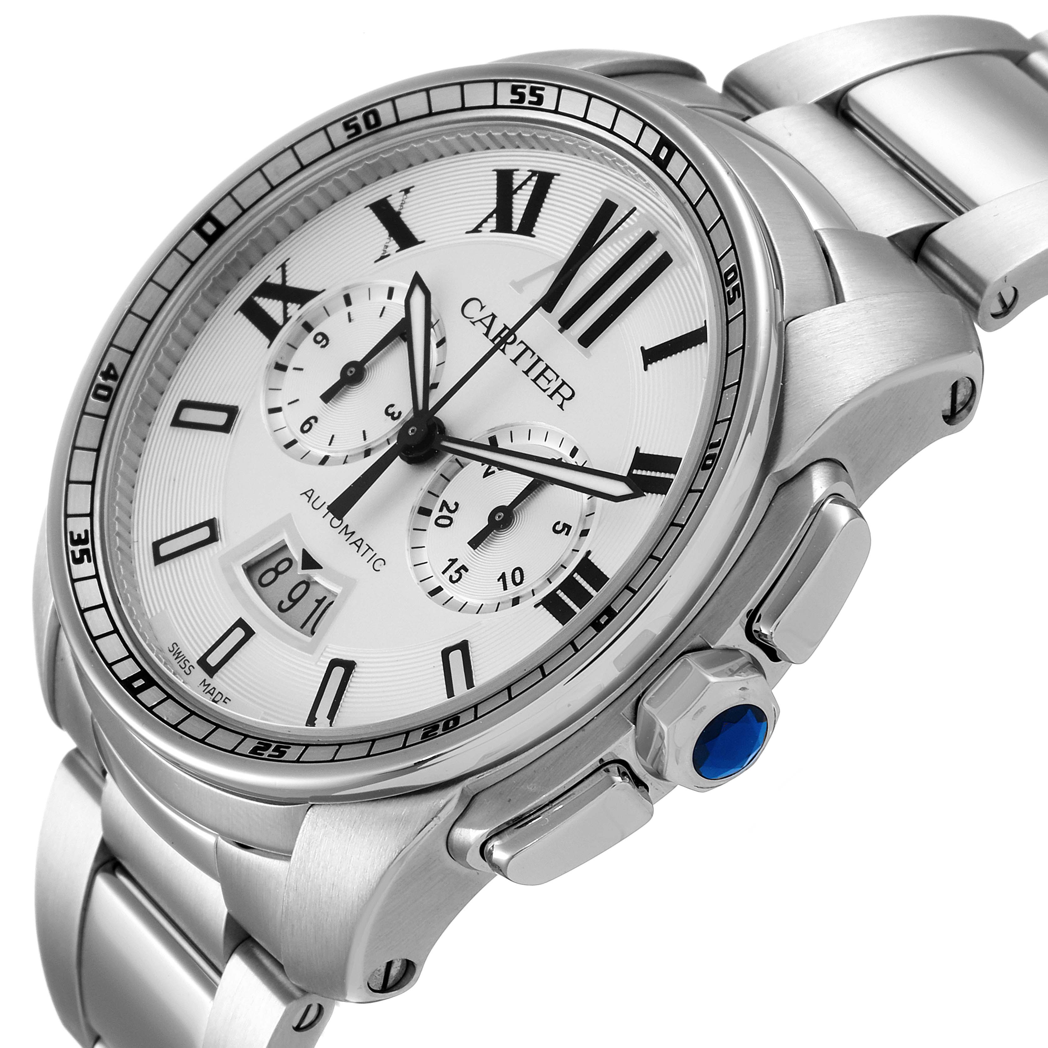 The Calibre de Cartier watch by Cartier is shown at an angle, highlighting the face, crown, and part of the bracelet.