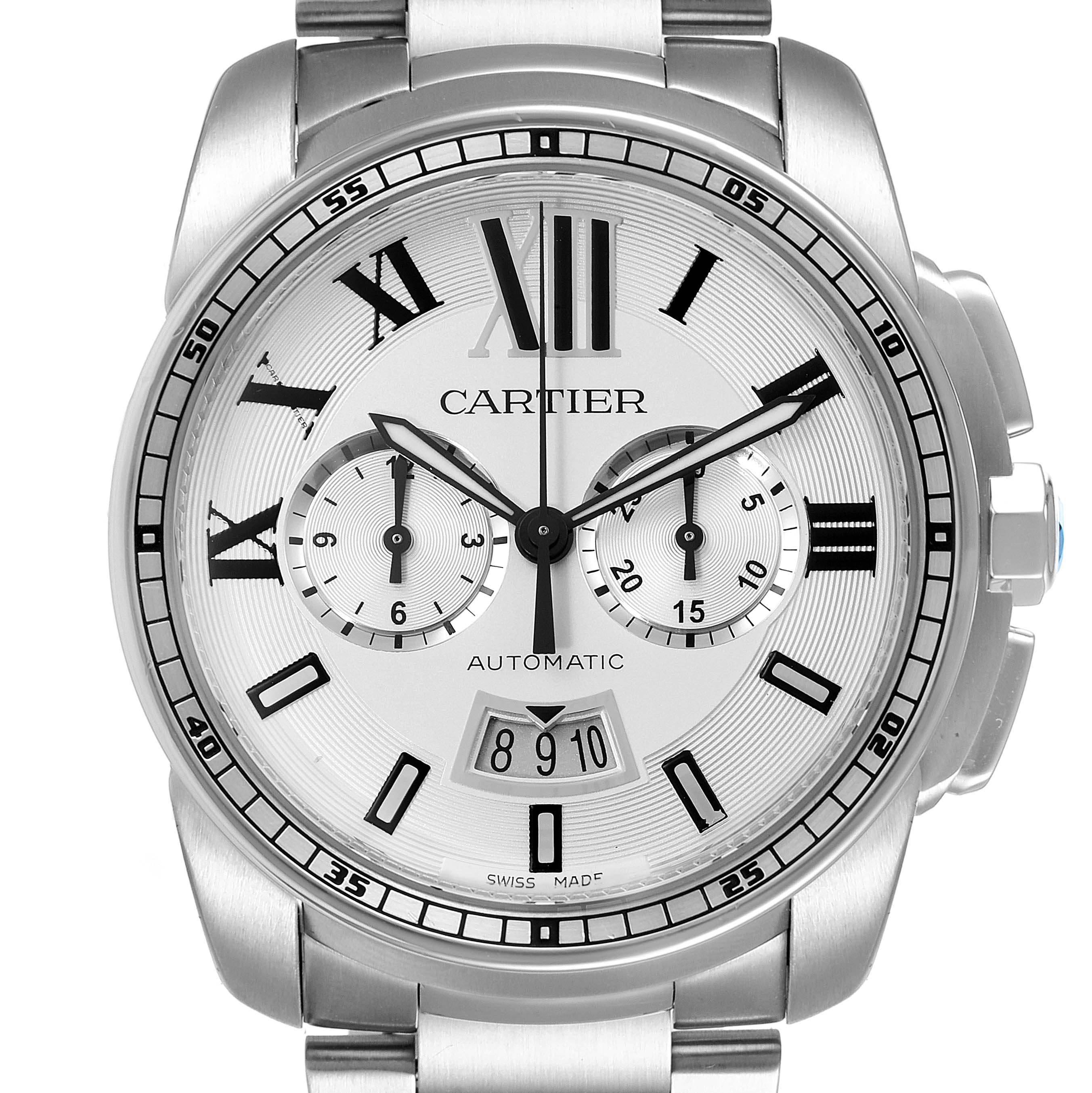 This image shows a front view of a Calibre de Cartier watch by Cartier, displaying its face, bezel, and bracelet.