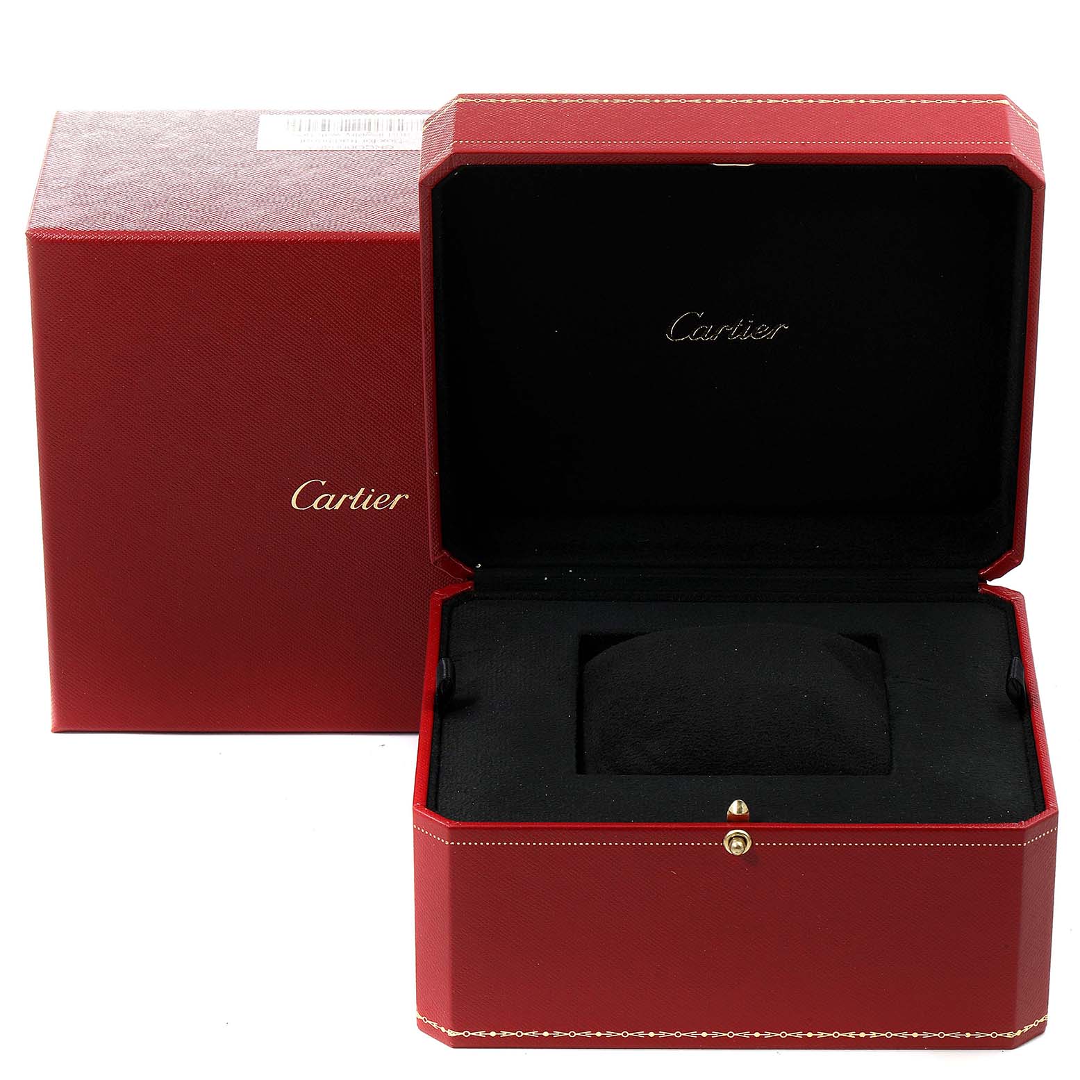 The image shows an open red Cartier watch box for the Calibre de Cartier model.