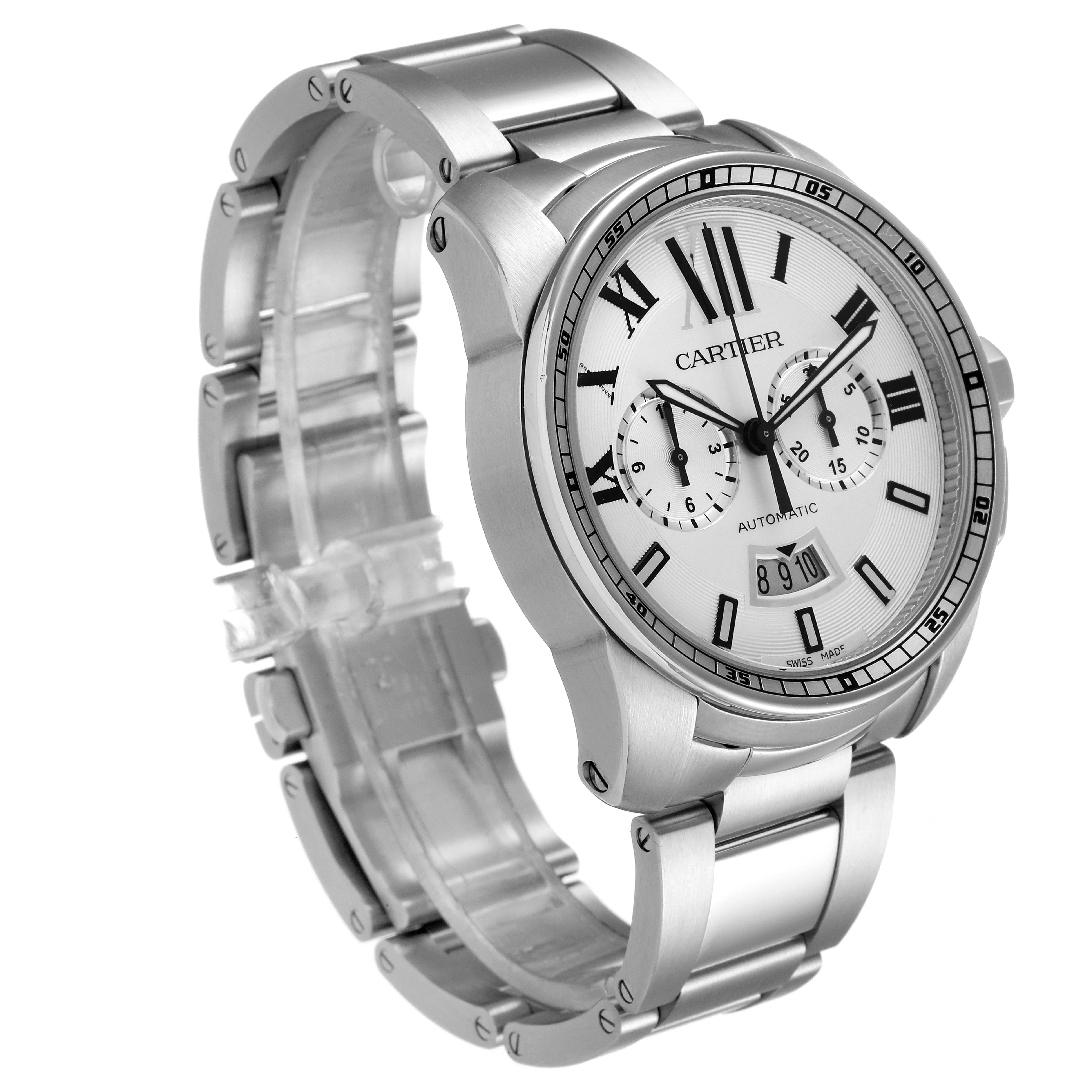 The image shows a Calibre de Cartier watch by Cartier at a three-quarter angle, highlighting the watch face, band, and clasp.