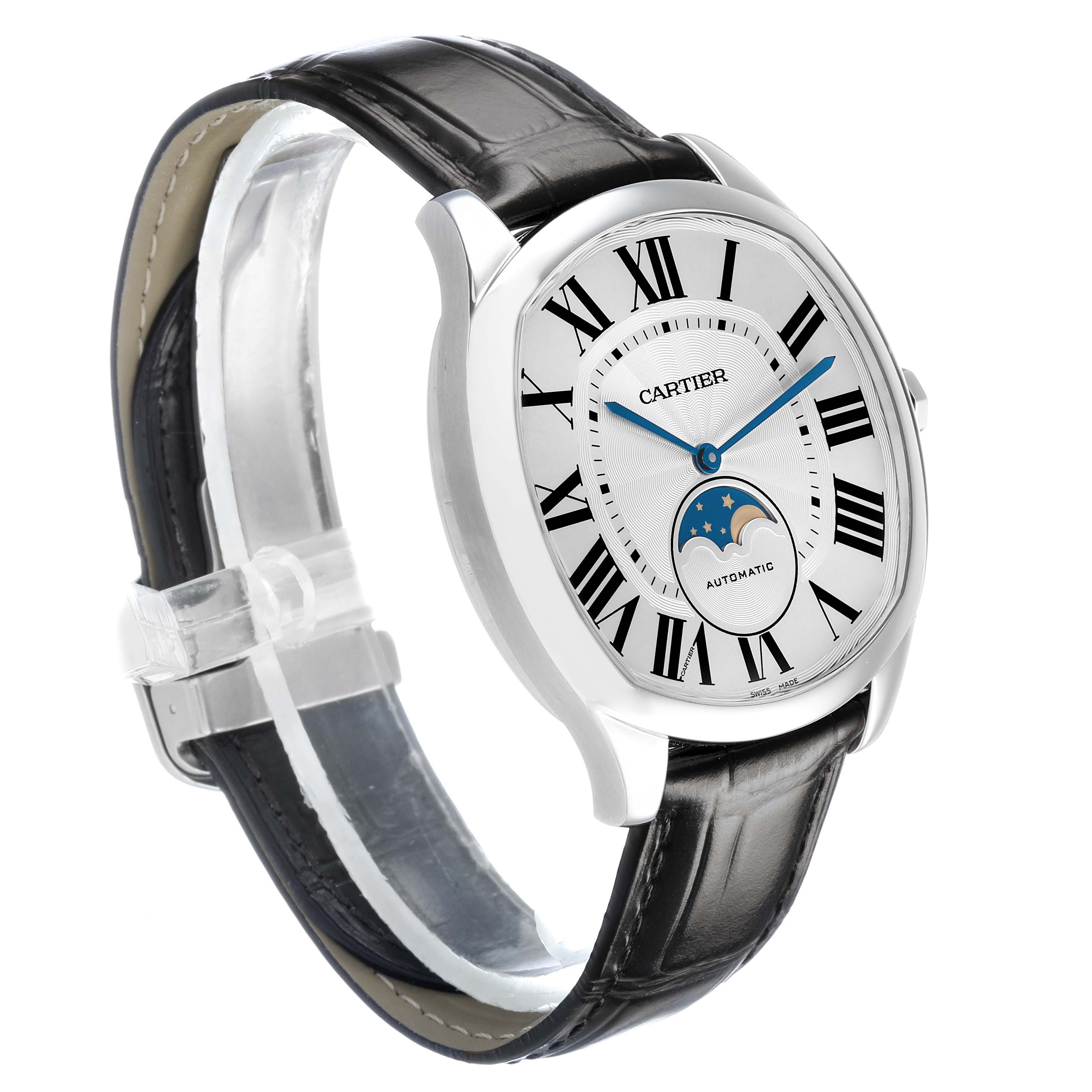 The Drive de Cartier watch is shown at a three-quarter angle, highlighting its face, Roman numerals, moon phase, and leather strap.