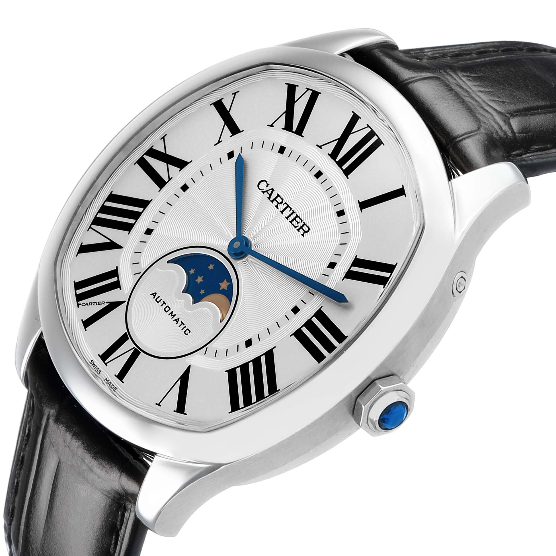 The Drive de Cartier watch is shown at an angled side view, highlighting the dial, Roman numerals, moon phase, and crown.