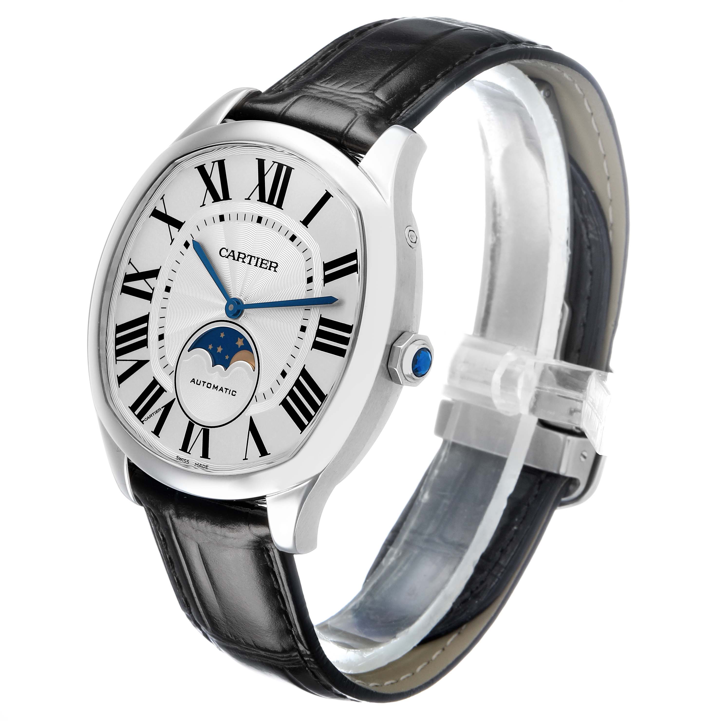 The Drive de Cartier watch is shown at a slight angle, highlighting the face, case, strap, crown, and moon phase feature.