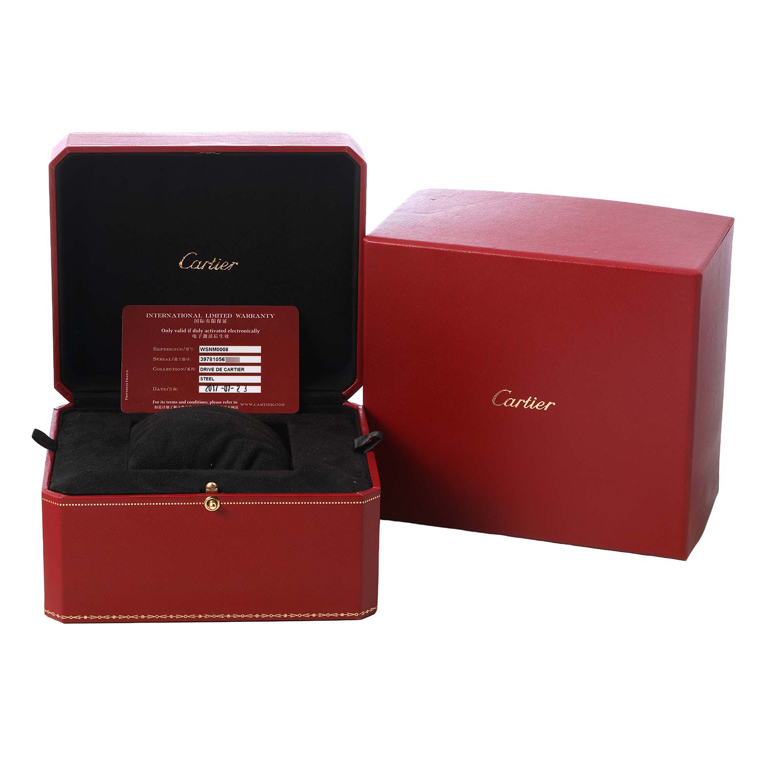 The image shows the packaging and warranty card for a Cartier Drive de Cartier WSNM0008 Men's Stainless Steel Silver Dial watch, with an open red box displaying the card.