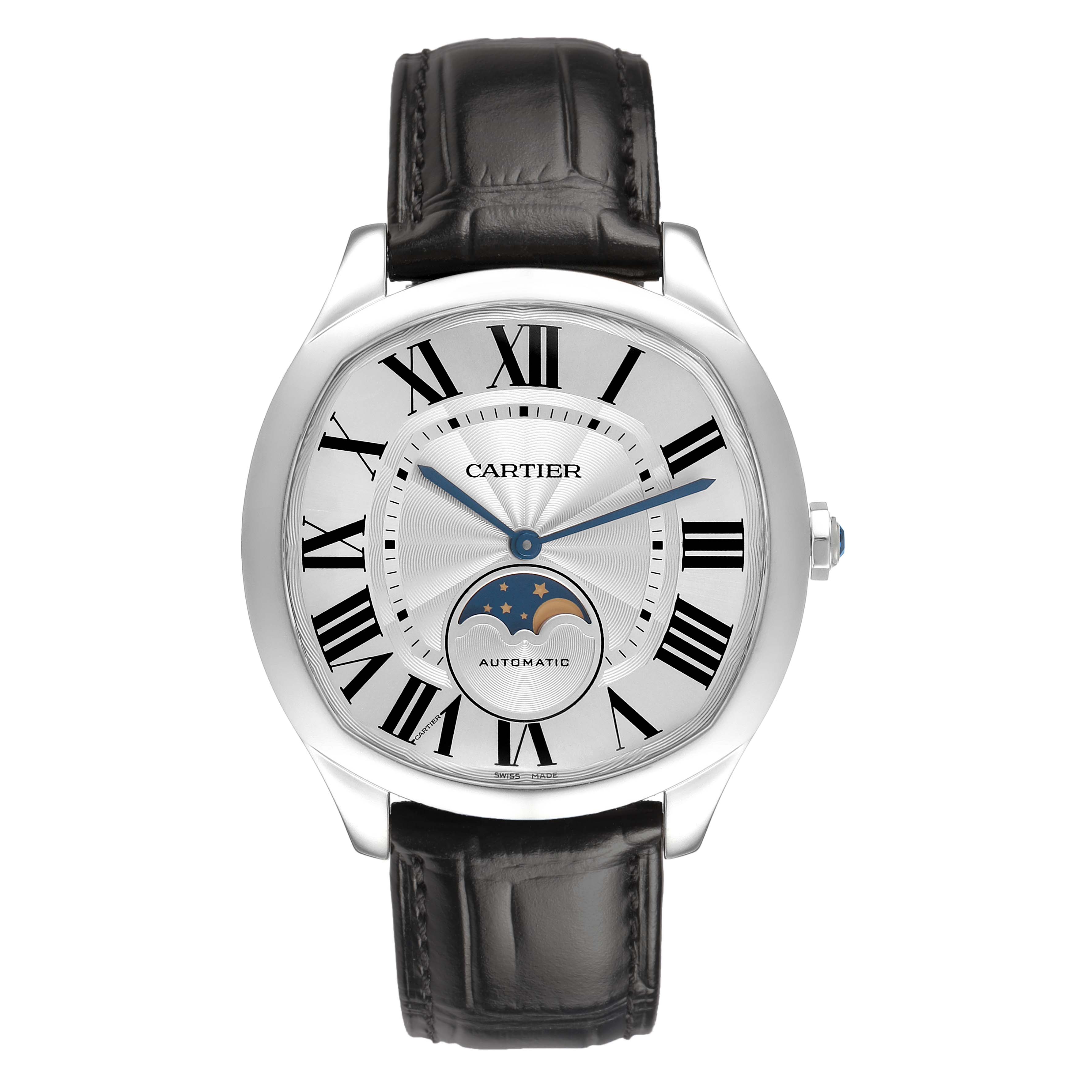 The Drive de Cartier watch is shown face-on, displaying the dial, Roman numerals, moonphase, and leather strap.
