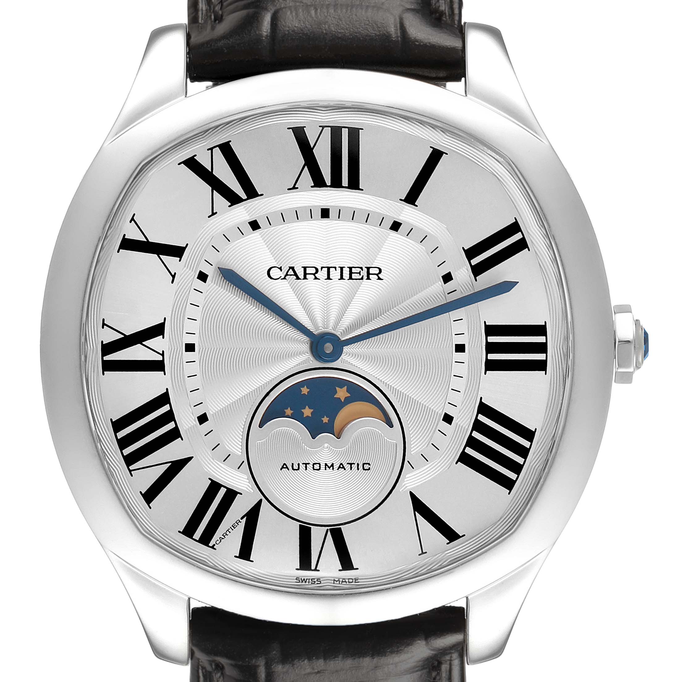 The Drive de Cartier watch by Cartier is shown from a frontal angle, featuring its dial, Roman numerals, and moon phase complication.