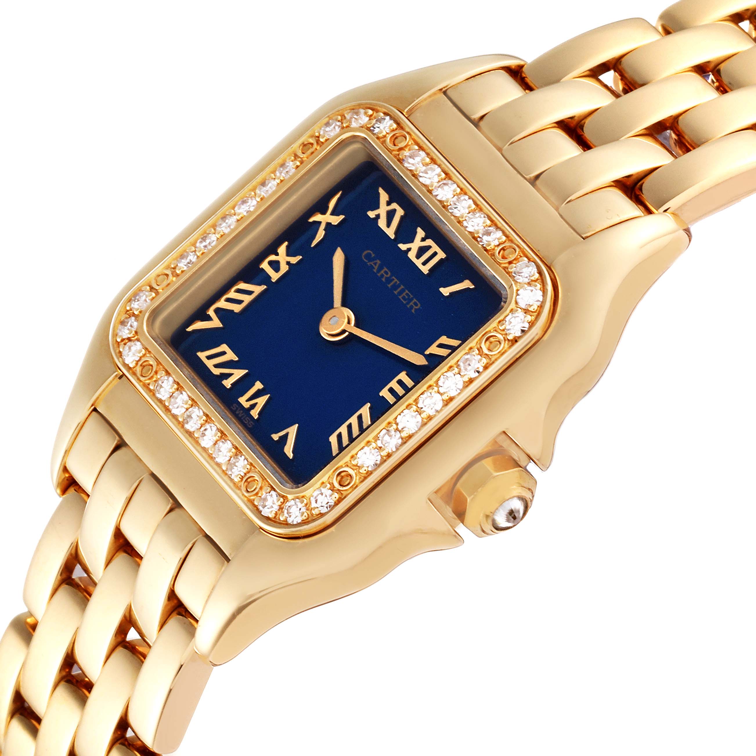 The image shows a close-up angled view of the Cartier Panthere 8057915 Women's Yellow Gold Blue Dial 8057915 Women's Yellow Gold Blue Dial watch face, bezel, crown, and part of the bracelet.
