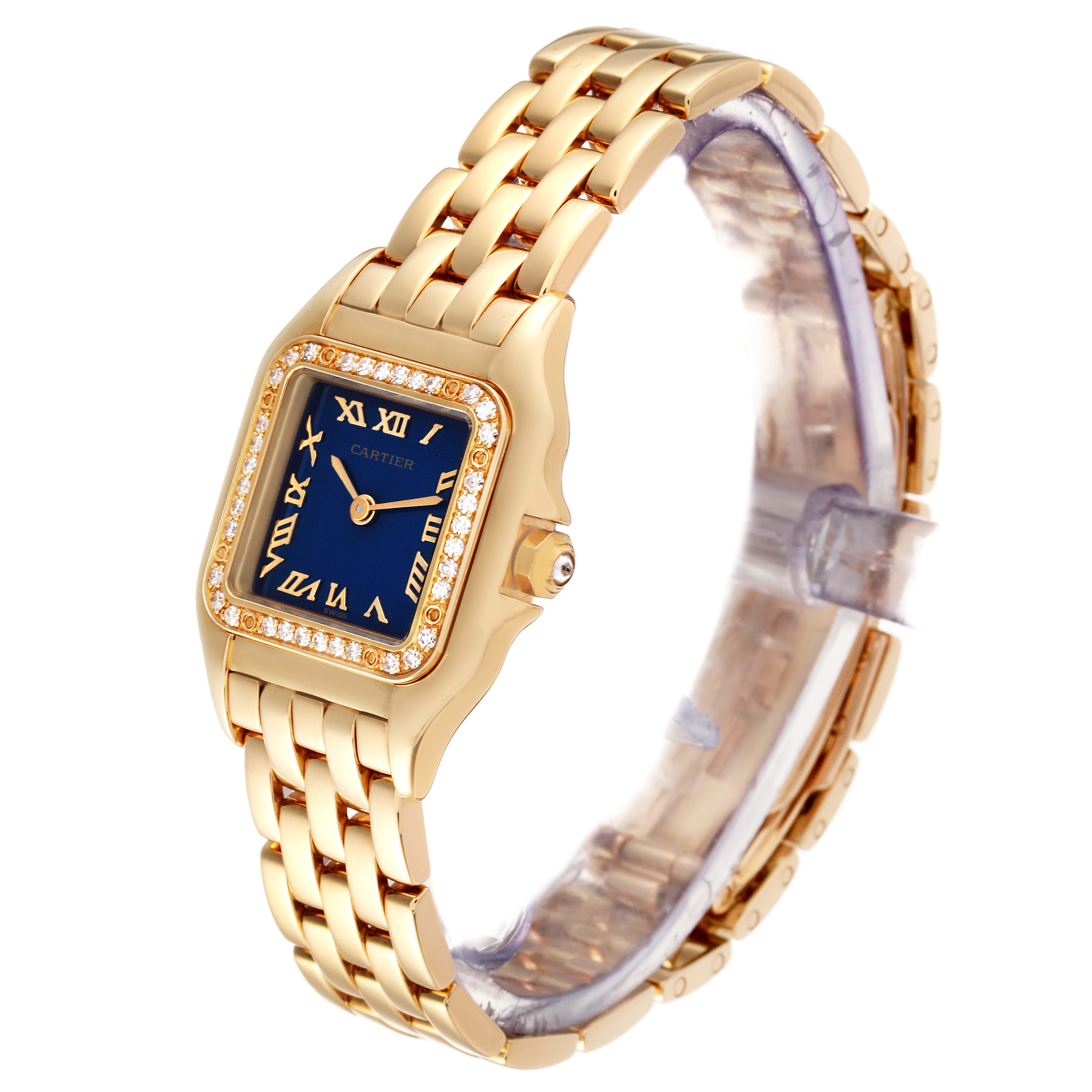 The Cartier Panthere 8057915 Women's Yellow Gold Blue Dial 8057915 Women's Yellow Gold Blue Dial watch is shown at a slight angle, displaying the face, bezel, and bracelet.