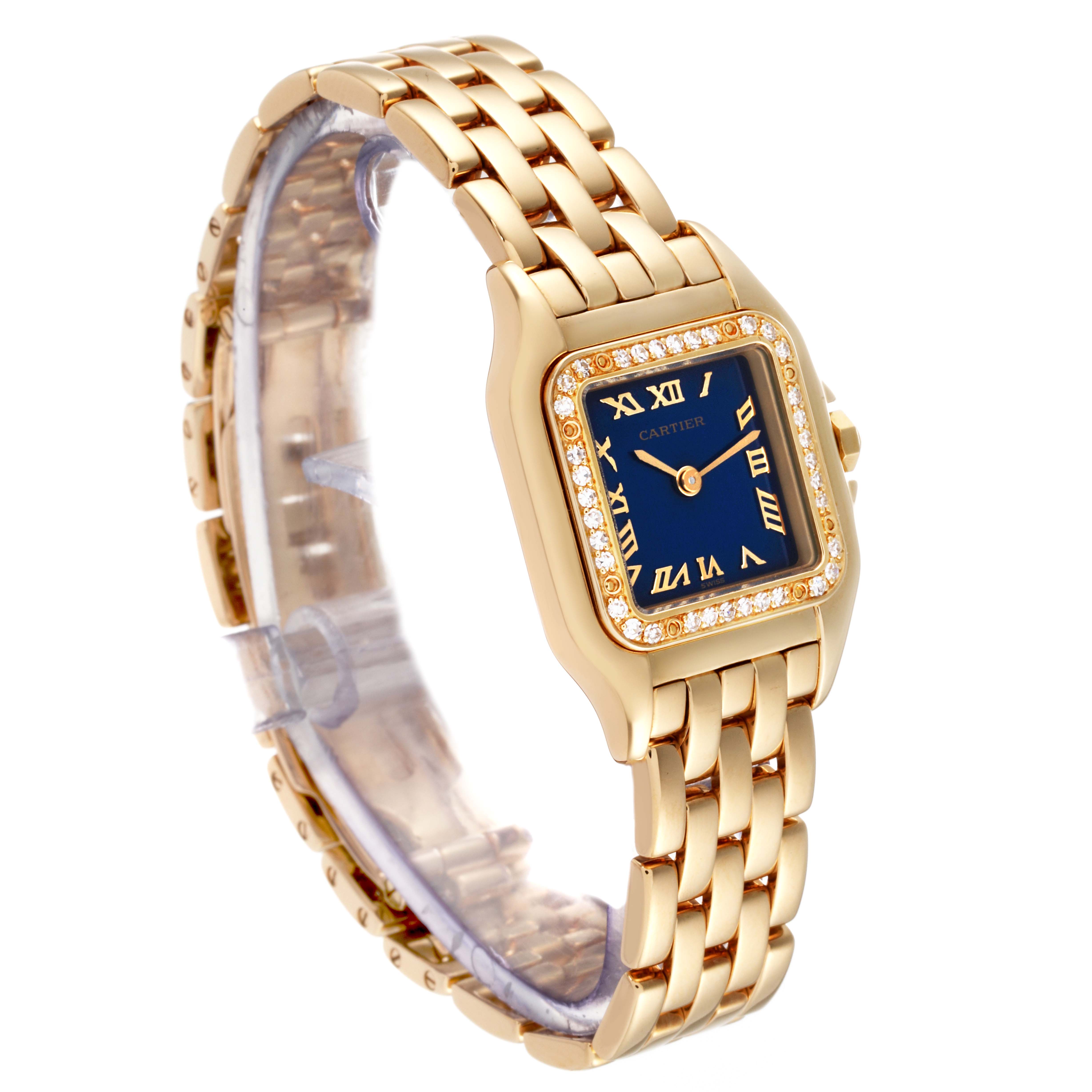 The image shows a Cartier Panthere 8057915 Women's Yellow Gold Blue Dial 8057915 Women's Yellow Gold Blue Dial watch from a three-quarter angle, highlighting its gold bracelet and diamond-set bezel.
