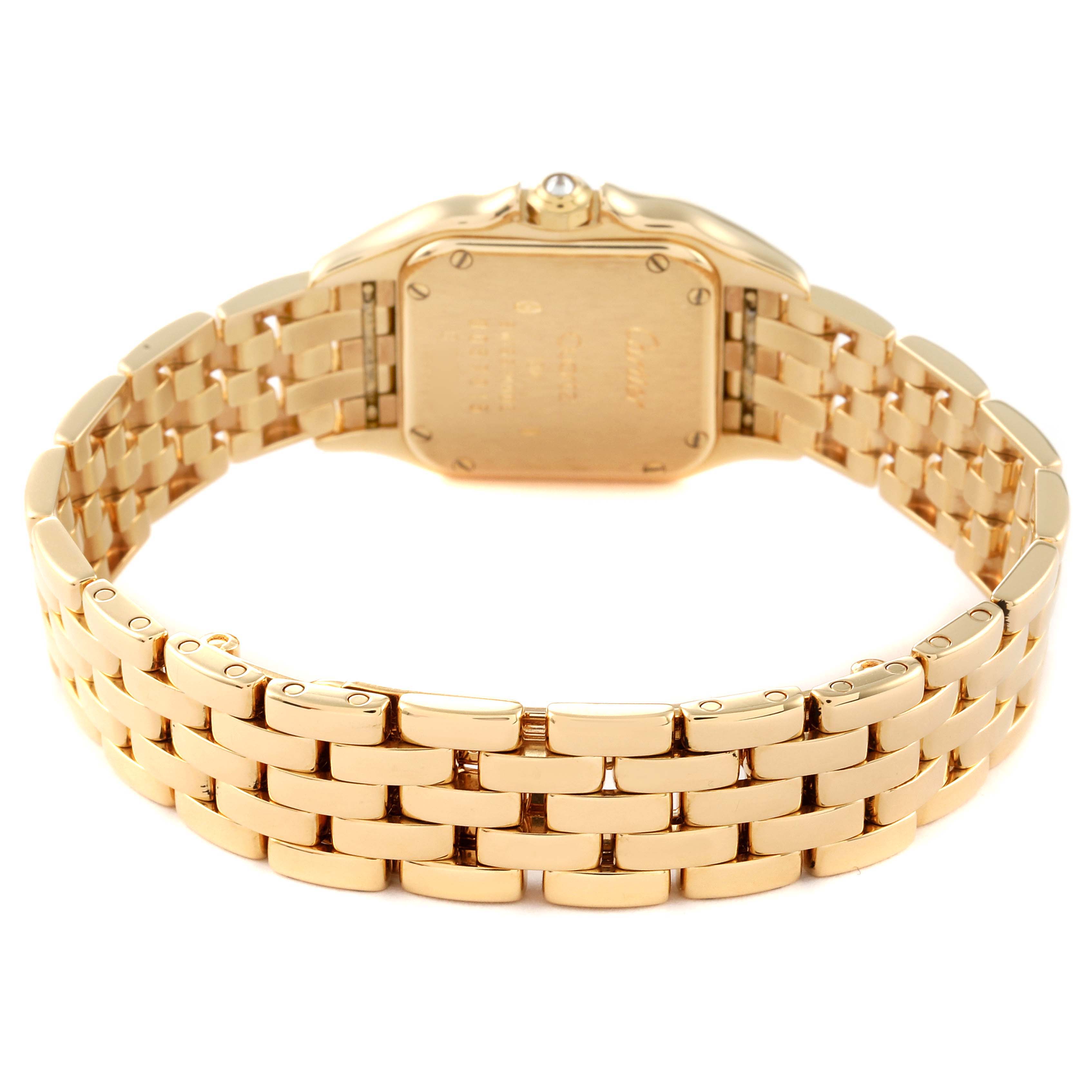 The image shows the back and bracelet of the Panthère de Cartier watch from Cartier, viewed from a rear angle.