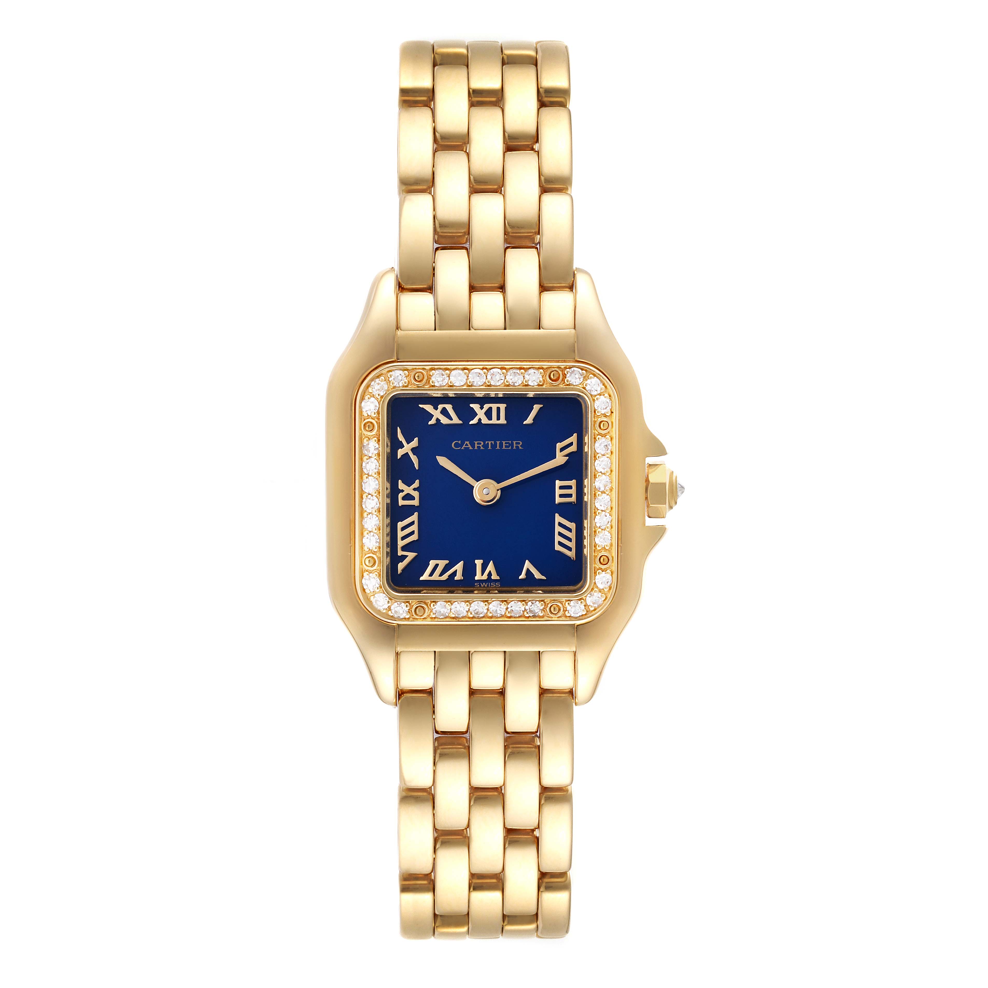The Panthere model by Cartier is shown from a front angle, displaying its gold bracelet and blue dial with Roman numeral markers.