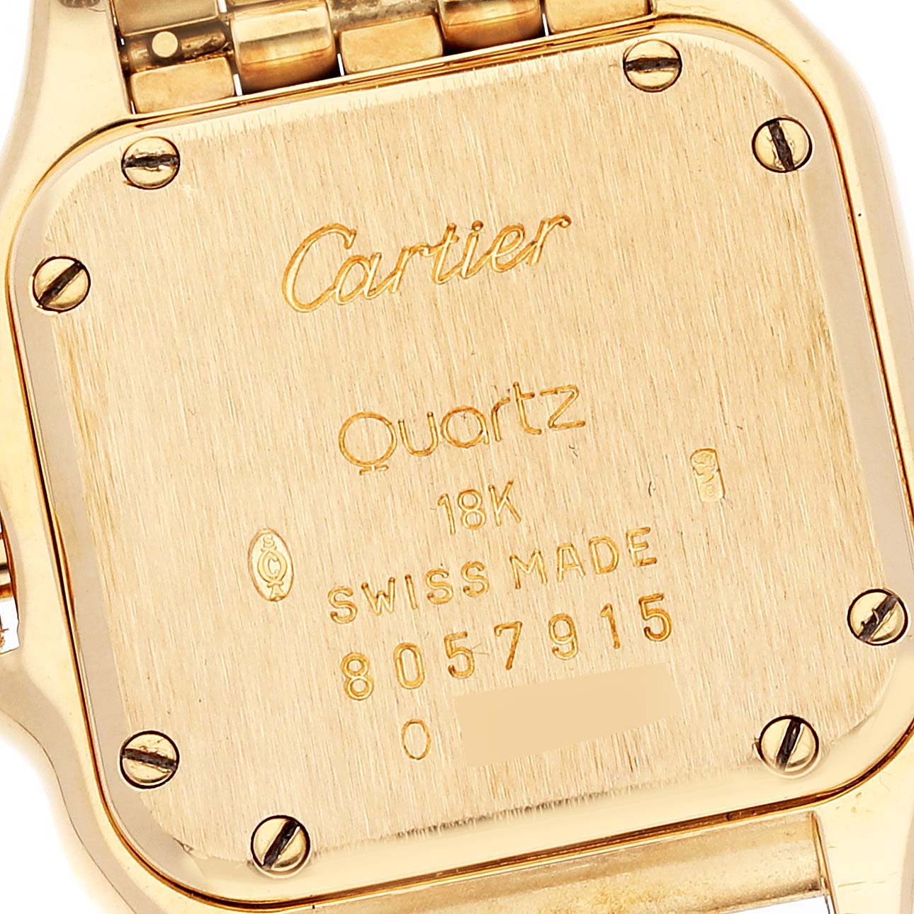 This image shows the back case and part of the bracelet of a Cartier Panthere 8057915 Women's Yellow Gold Blue Dial 8057915 Women's Yellow Gold Blue Dial model watch.