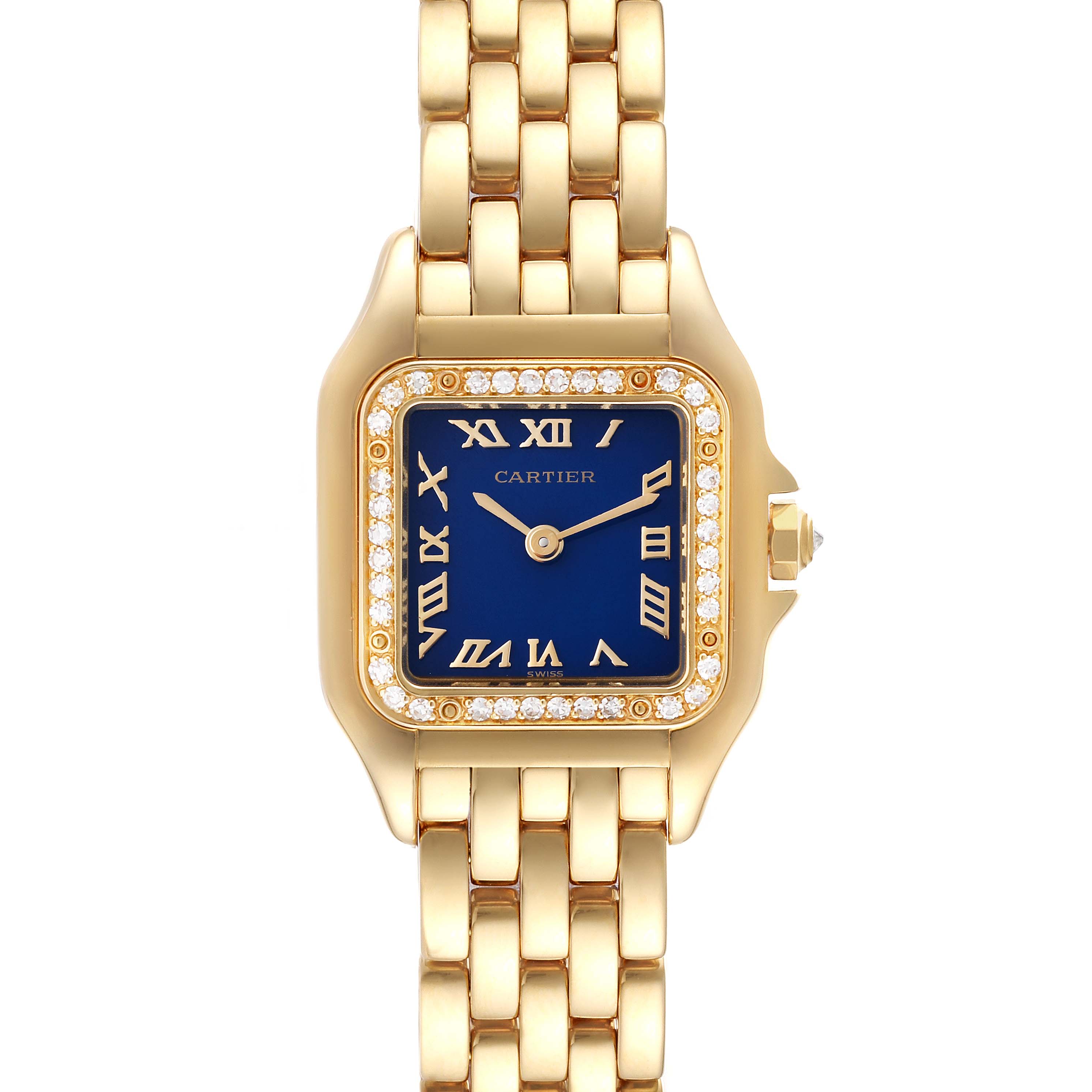 The Cartier Panthere 8057915 Women's Yellow Gold Blue Dial 8057915 Women's Yellow Gold Blue Dial watch is shown in a close-up, frontal view, displaying its blue Roman numeral dial and gold bracelet.