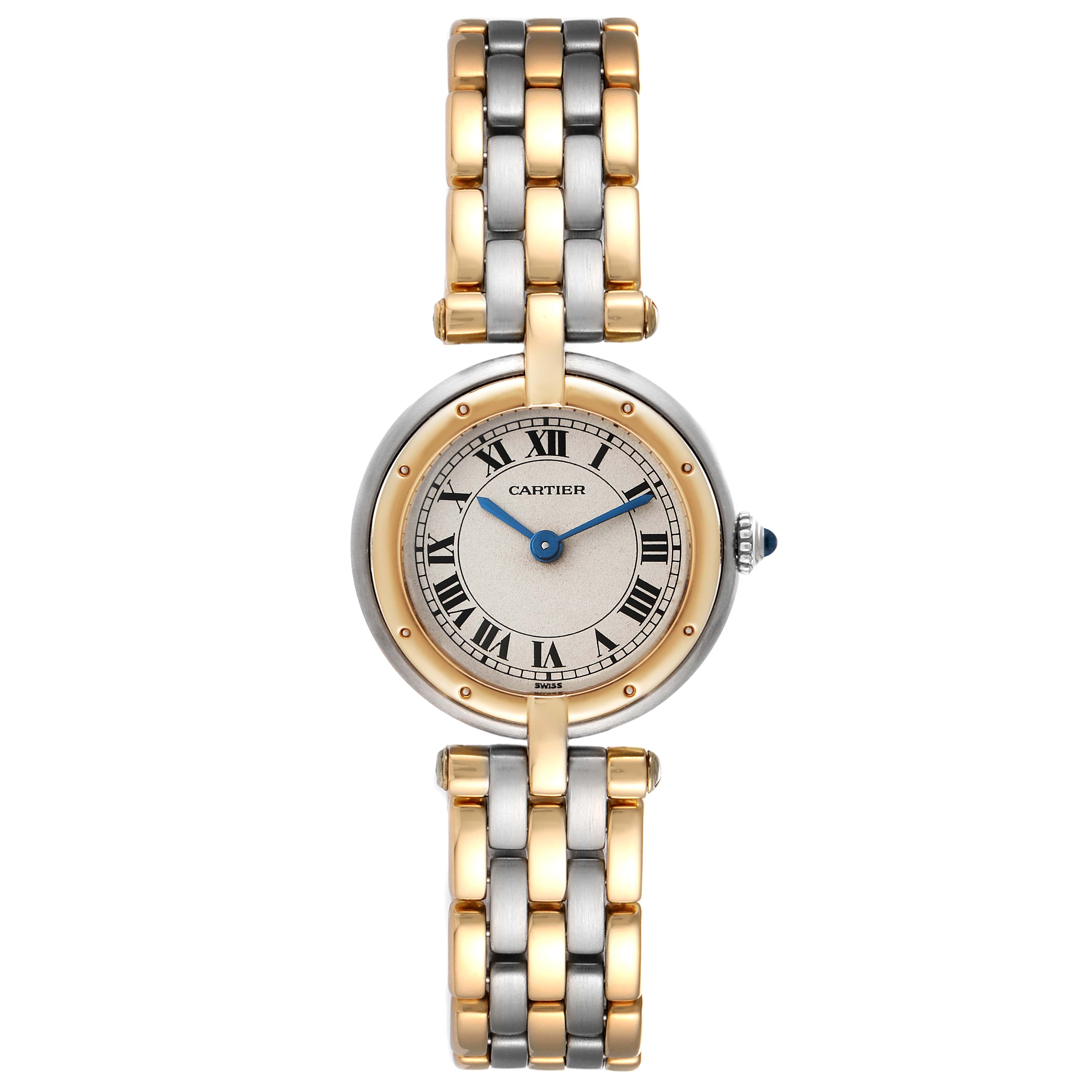 The image shows a front view of a Cartier Panthere 66920 Women's Steel and Gold (two tone) Silver Dial 66920 Women's Steel and Gold (two tone) Silver Dial watch, highlighting its two-tone metal bracelet and Roman numeral dial.