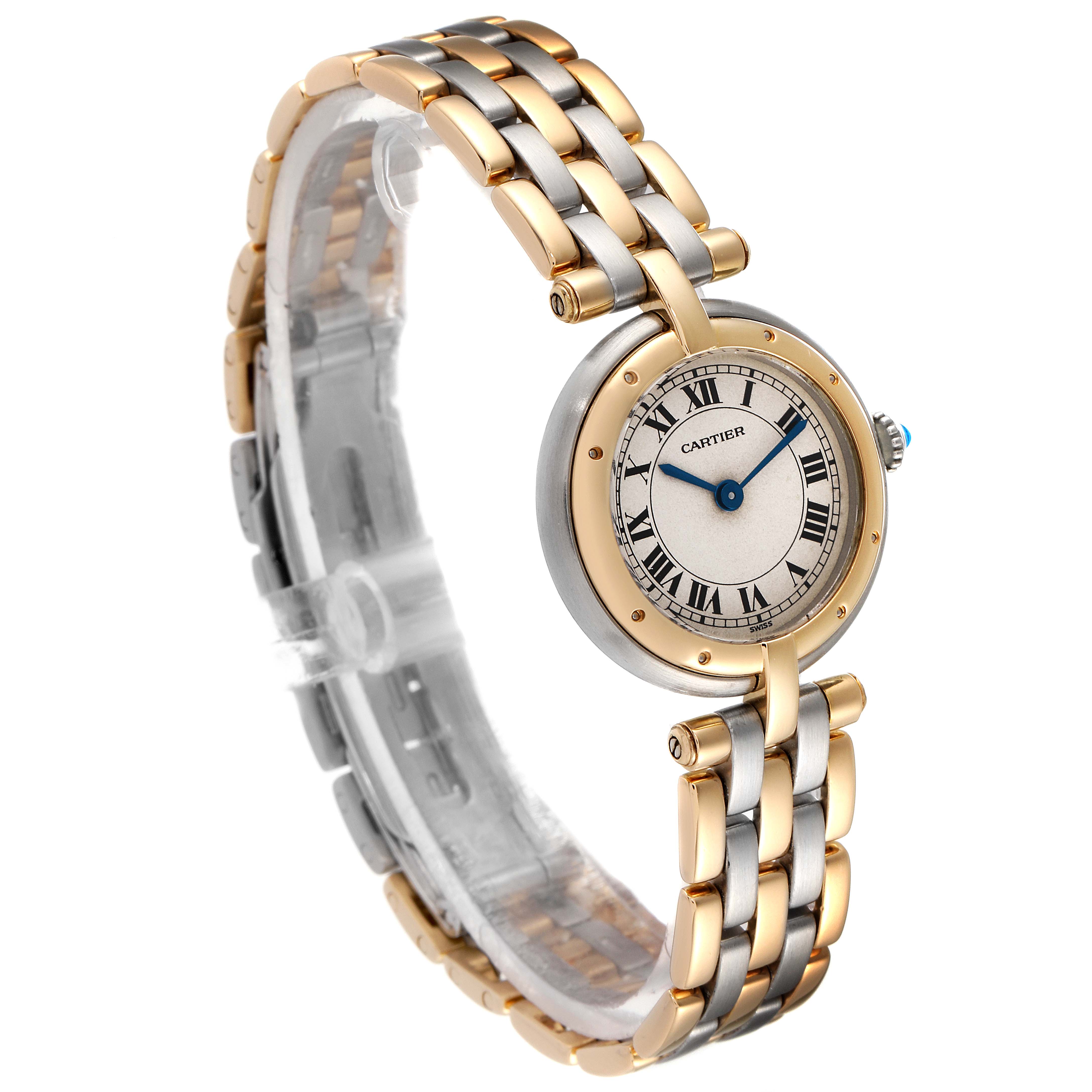 The image shows a Cartier Panthere 66920 Women's Steel and Gold (two tone) Silver Dial 66920 Women's Steel and Gold (two tone) Silver Dial watch angled slightly to the side, displaying its face, bezel, crown, and two-tone bracelet.