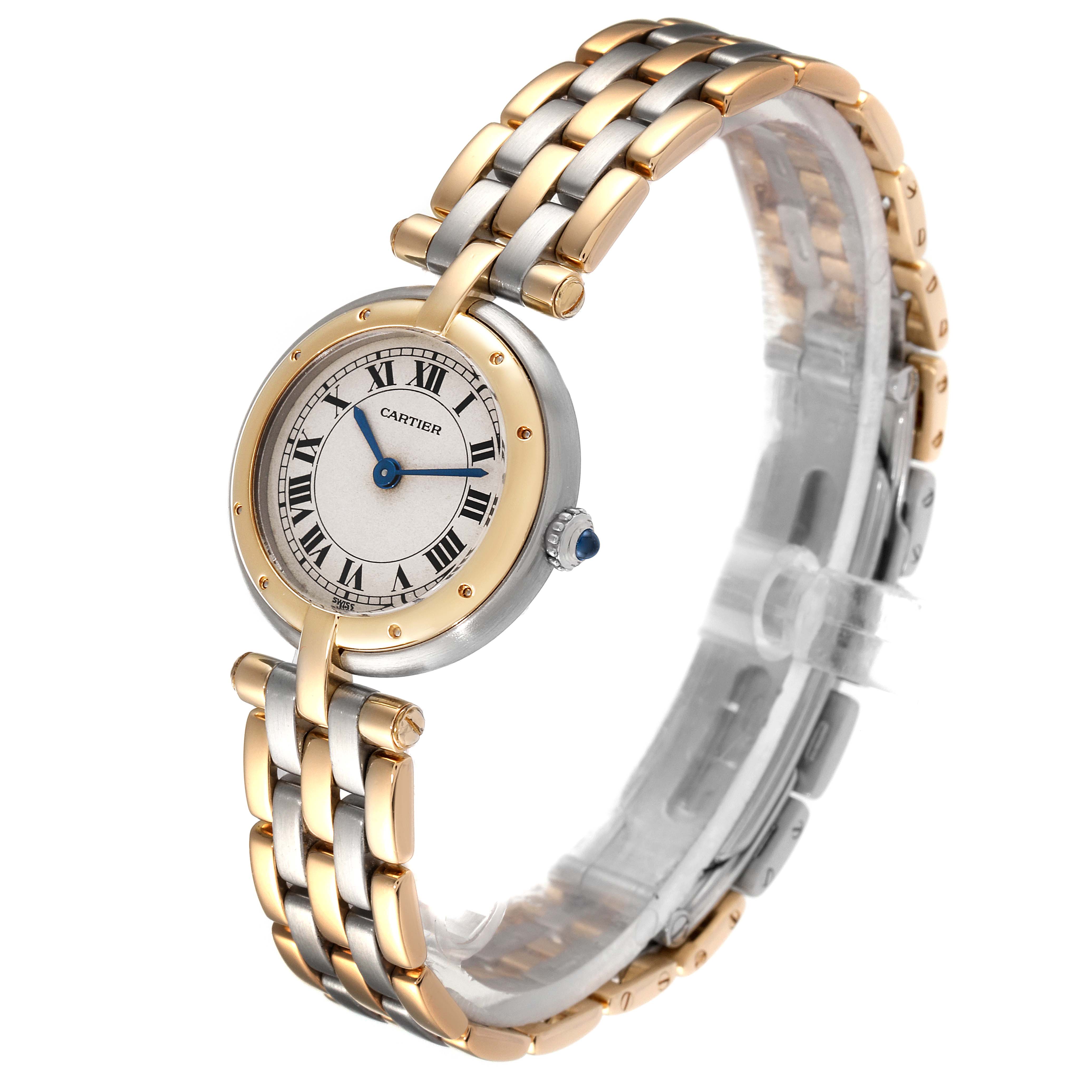 The image shows a side-angle view of the Cartier Panthere 66920 Women's Steel and Gold (two tone) Silver Dial 66920 Women's Steel and Gold (two tone) Silver Dial model watch, highlighting the dial and two-tone bracelet.
