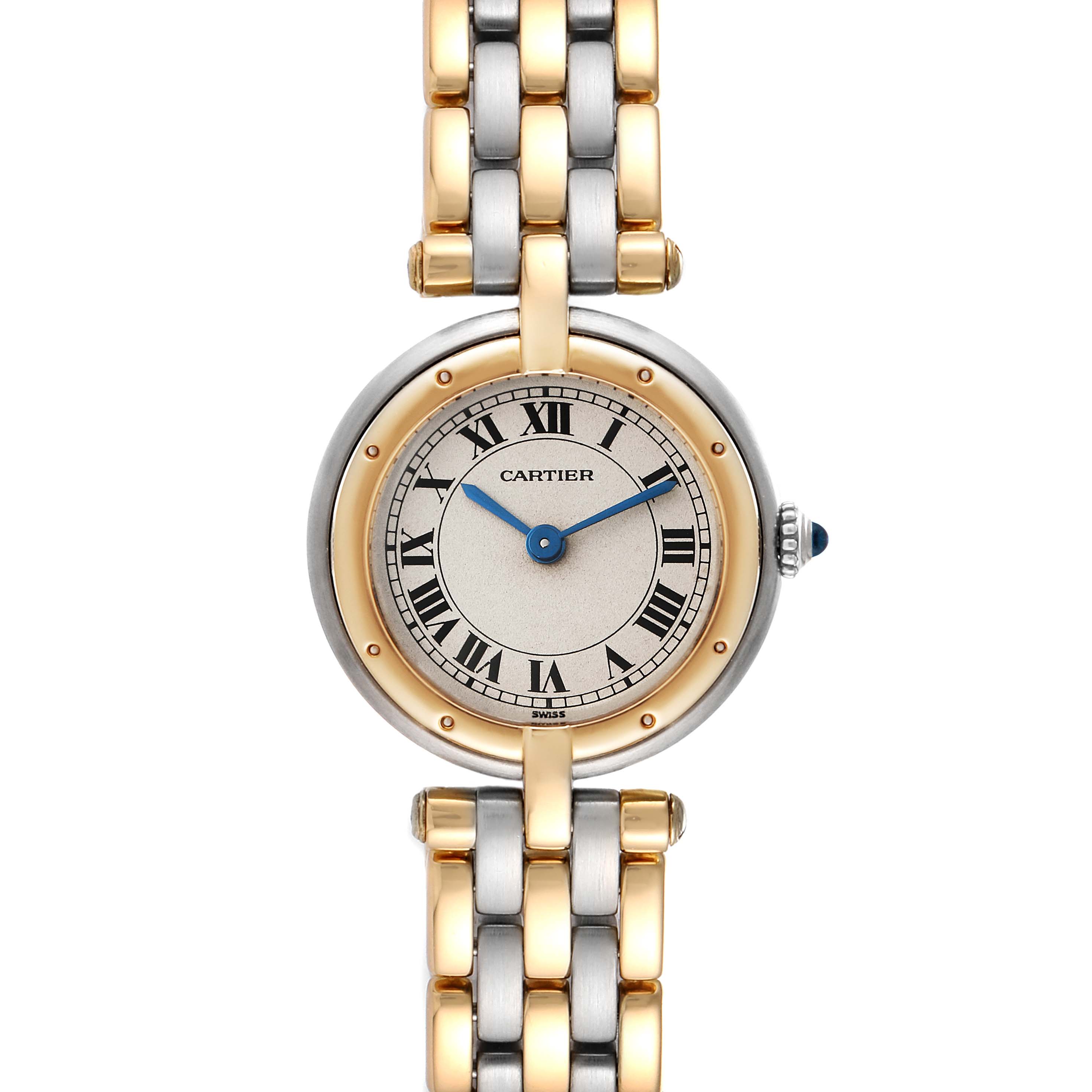 The image shows a top-down view of a Cartier Panthere 66920 Women's Steel and Gold (two tone) Silver Dial 66920 Women's Steel and Gold (two tone) Silver Dial watch, featuring the face, bracelet, and crown with a blue cabochon.