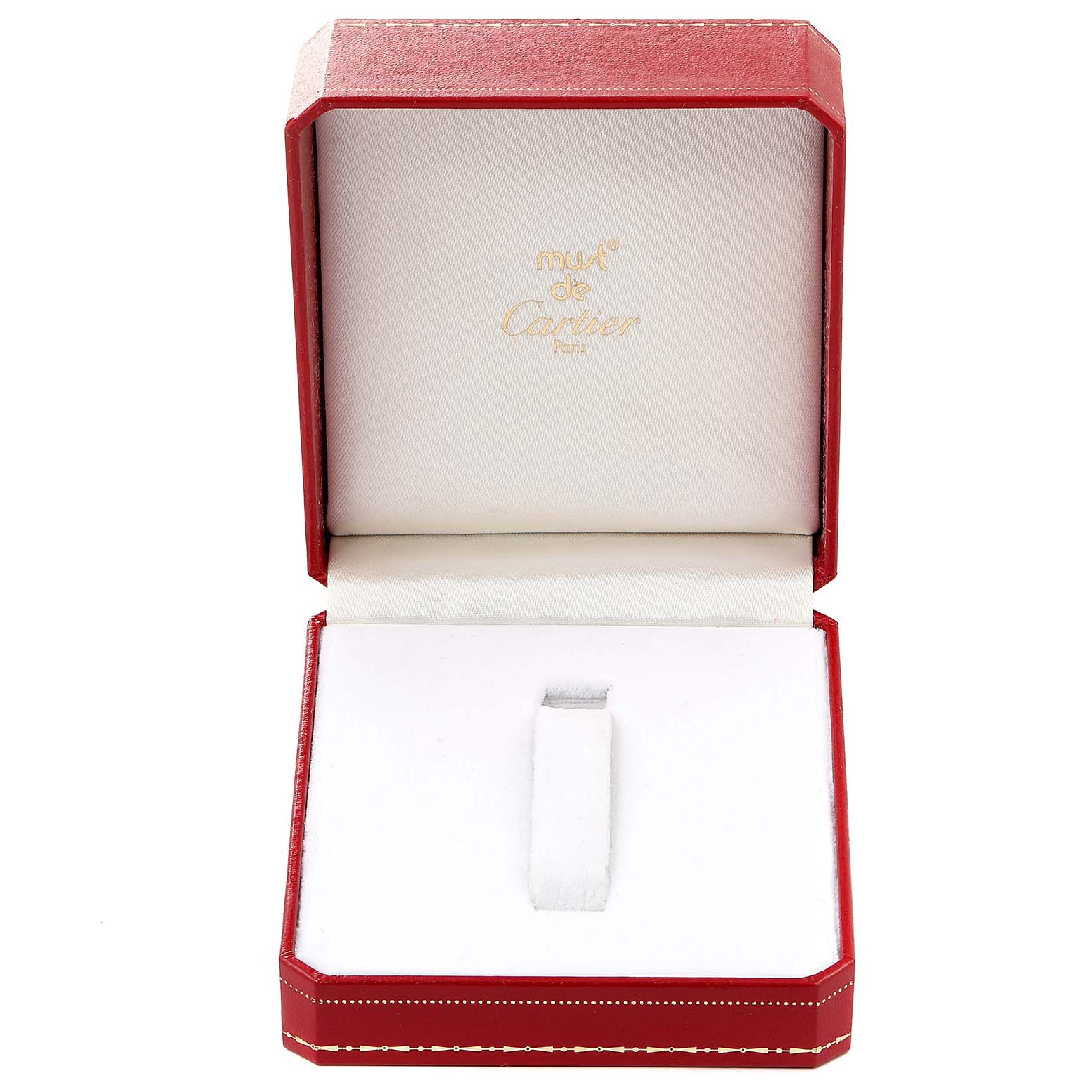 The image depicts an open, empty, red Cartier box for the Panthere model watch, showing the interior holder and branding.