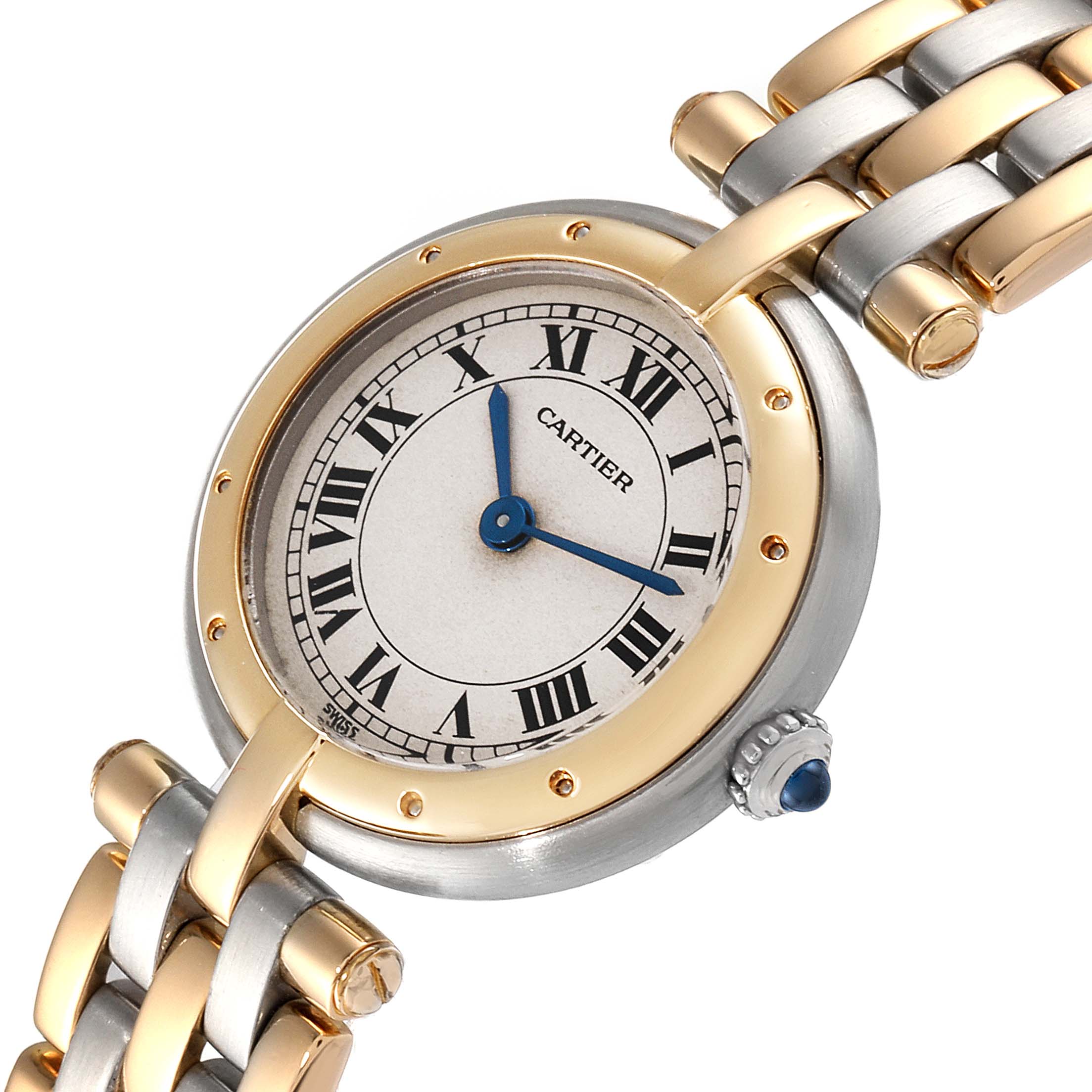 The image shows a close-up view of the Panthere model by Cartier, highlighting the watch face, bezel, and part of the bracelet.
