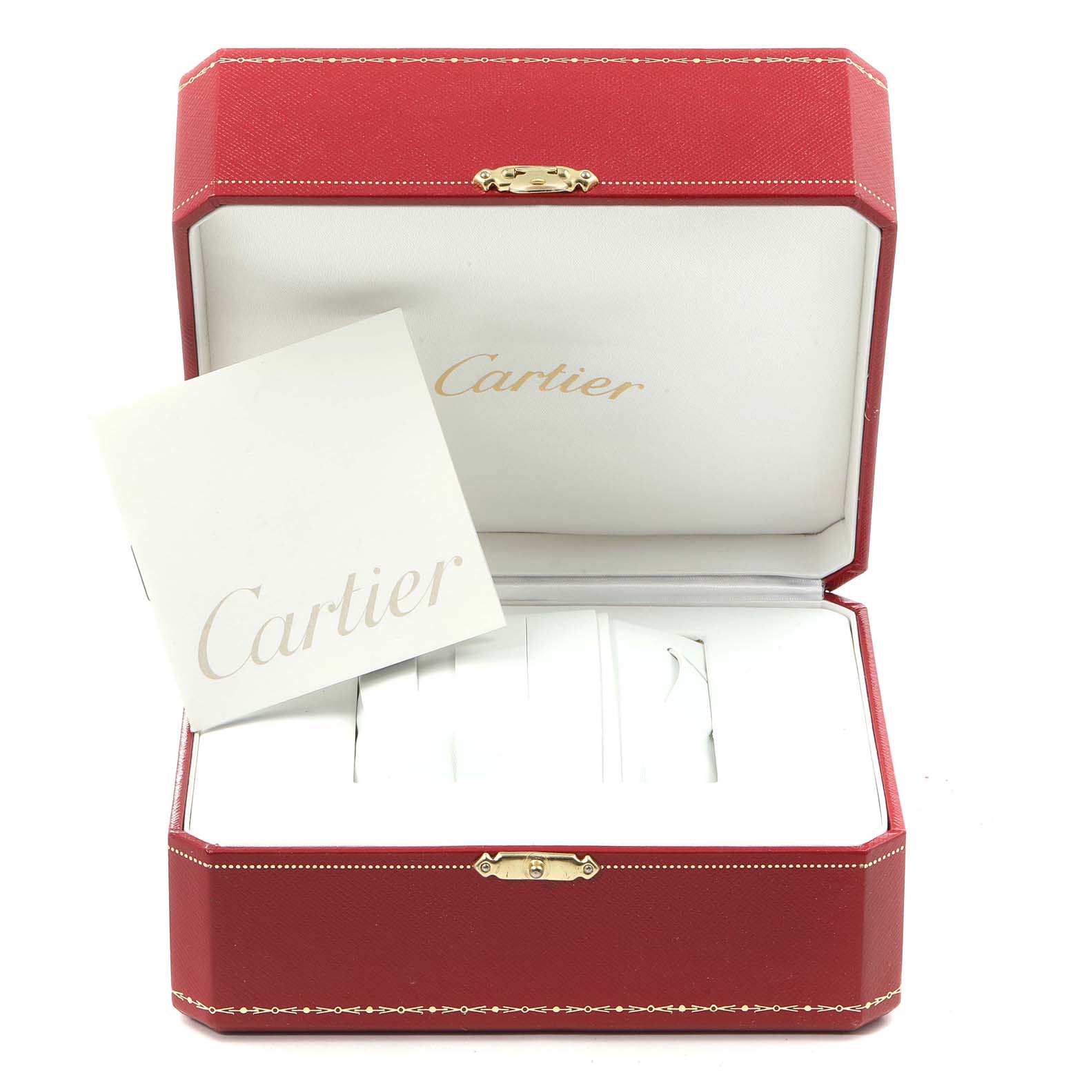 This image shows an open red Cartier box and a booklet for the Roadster model watch by Cartier.