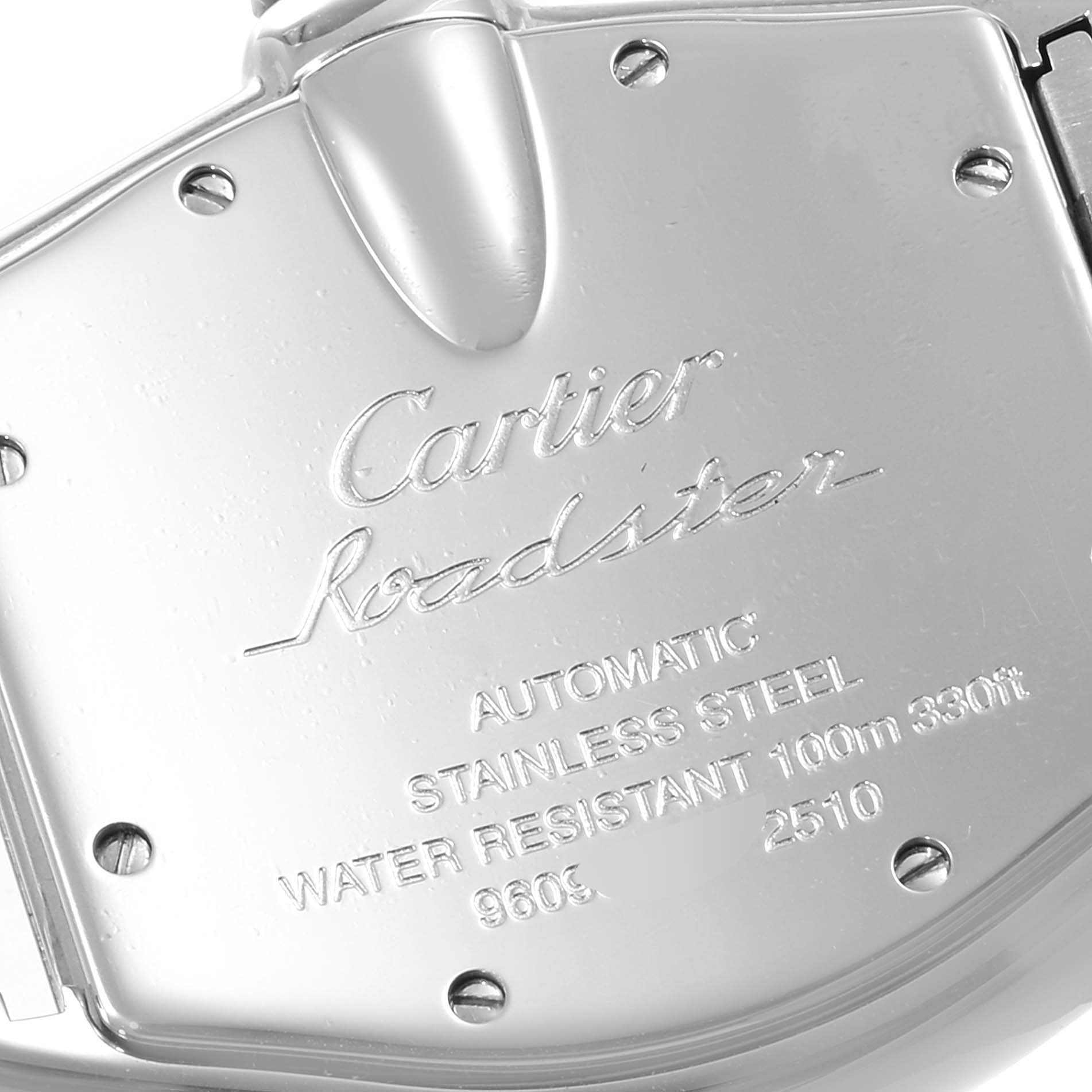 This is the case back of a Cartier Roadster W62025V3 Men
s Stainless Steel Silver Dial W62025V3 Men
s Stainless Steel Silver Dial watch, showing its engravings and screws.