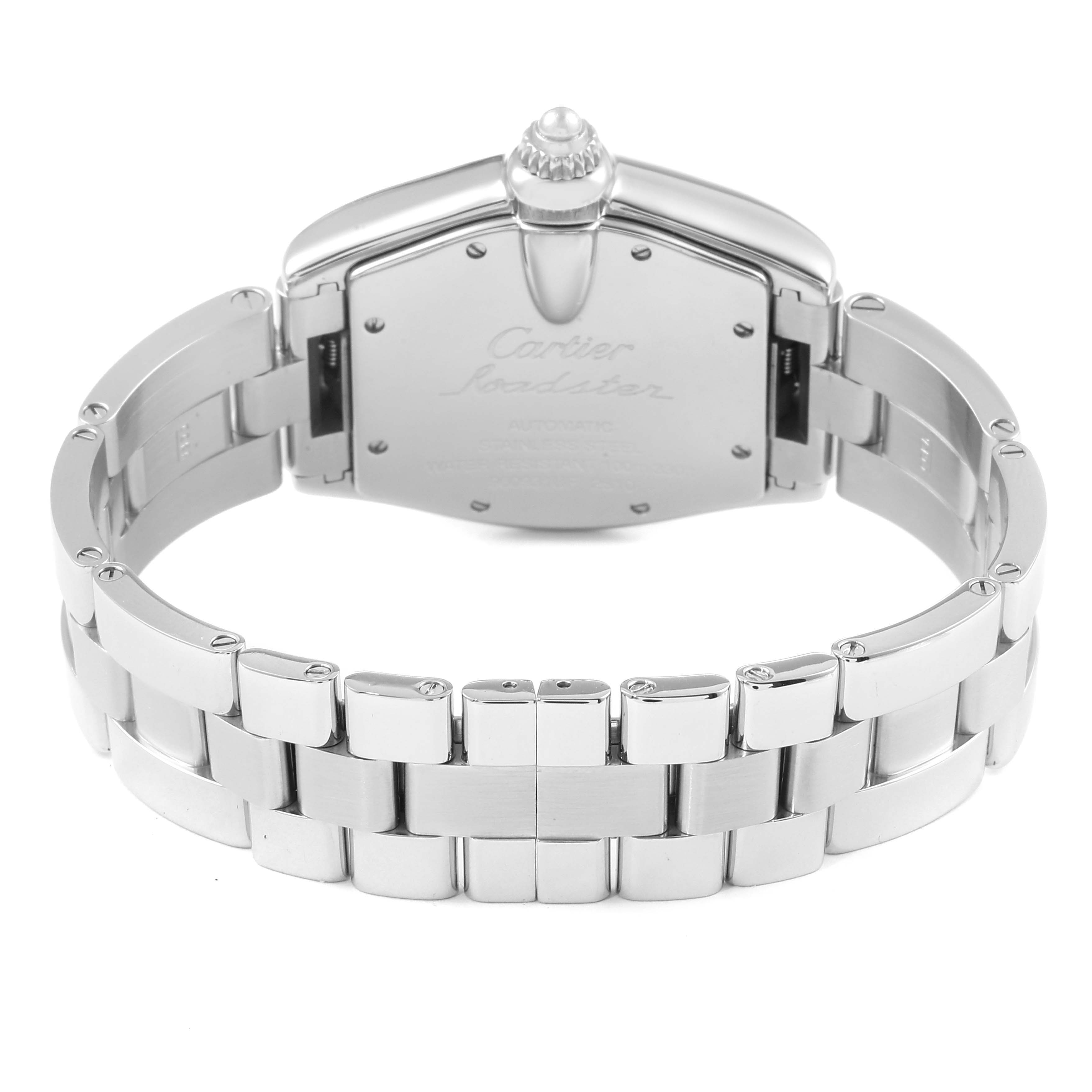 This image shows the back an unfastened Cartier Roadster W62025V3 Men
s Stainless Steel Silver Dial W62025V3 Men
s Stainless Steel Silver Dial watch, highlighting its clasp, bracelet, and case back.
