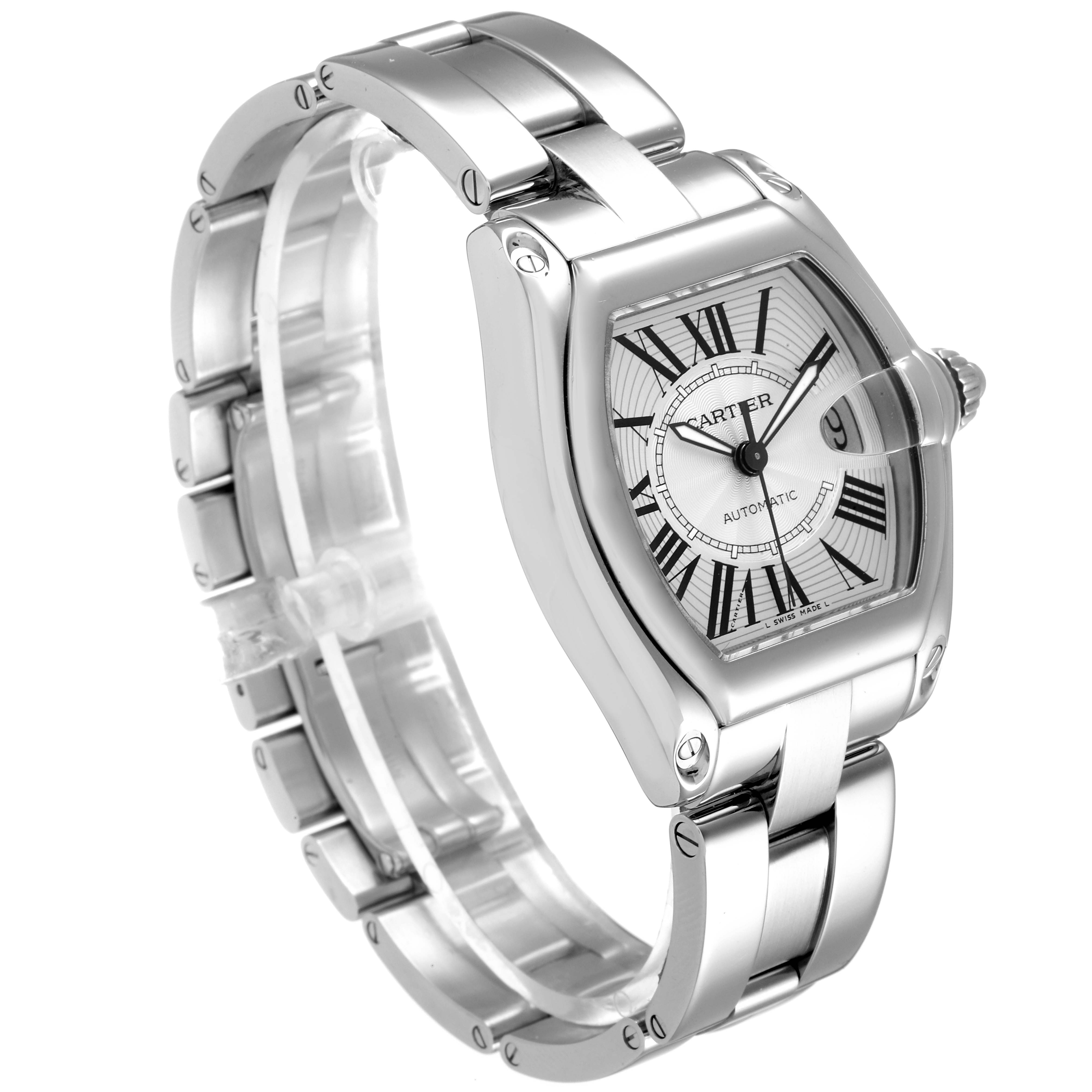 The Cartier Roadster W62025V3 Men
s Stainless Steel Silver Dial W62025V3 Men
s Stainless Steel Silver Dial watch is shown from a top-left angle, displaying the face, bezel, strap, and crown.