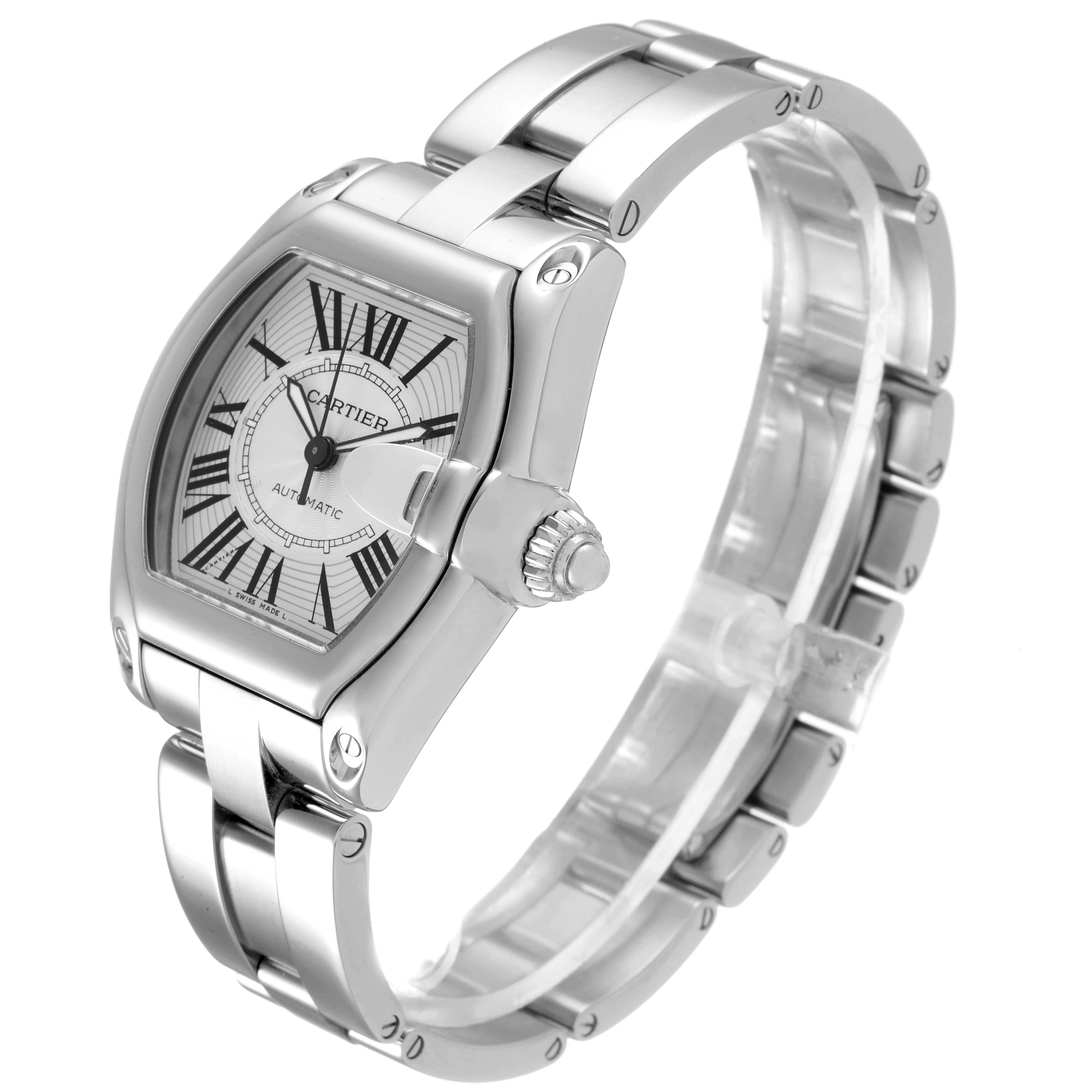 The image shows a Cartier Roadster W62025V3 Men
s Stainless Steel Silver Dial W62025V3 Men
s Stainless Steel Silver Dial watch at a front-side angle, highlighting its dial, case, and metal bracelet.