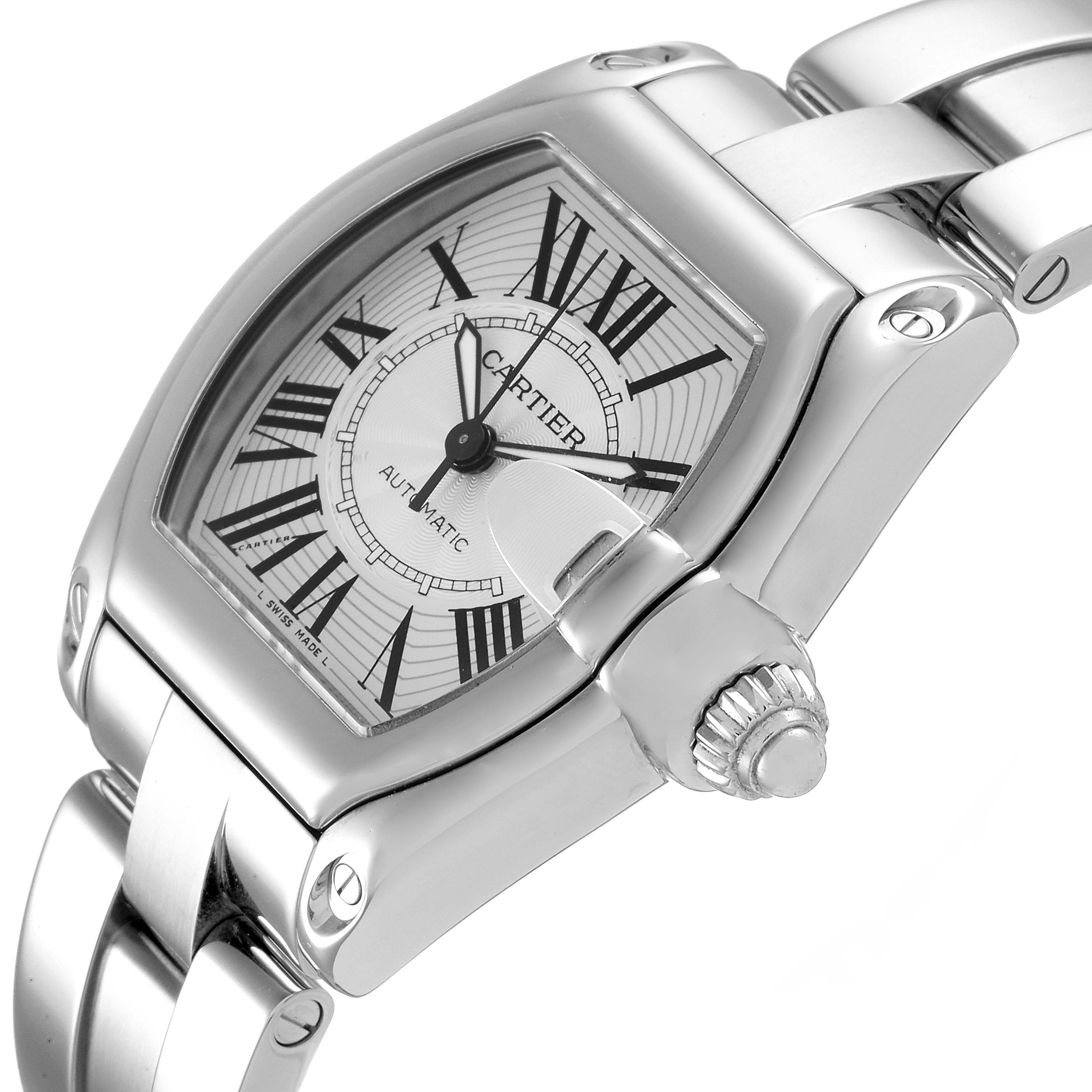 This image shows a close-up side angle of the Cartier Roadster W62025V3 Men
s Stainless Steel Silver Dial W62025V3 Men
s Stainless Steel Silver Dial watch, highlighting the case, dial, and part of the bracelet.