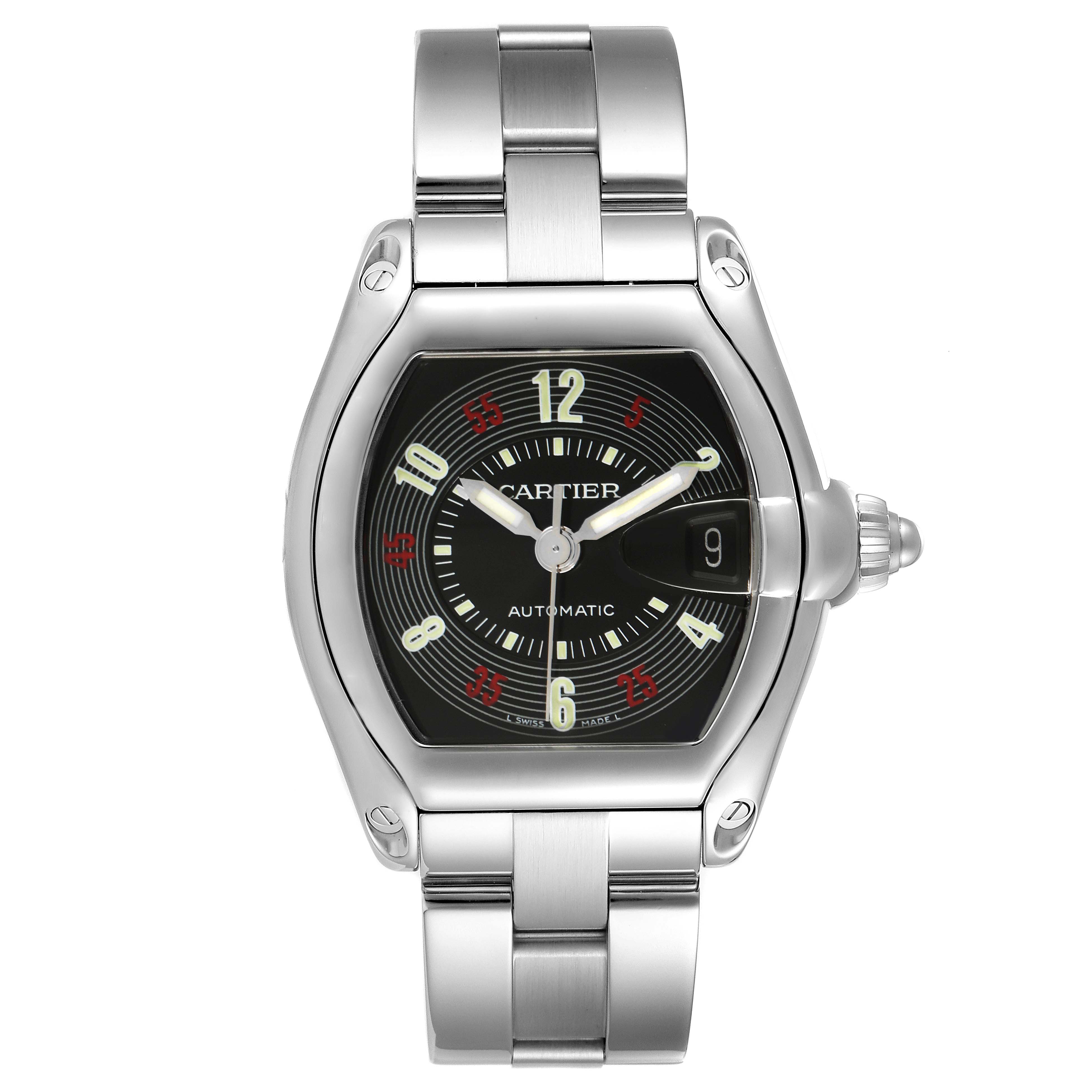 The image shows a front view of a Cartier Roadster W62002V3 Men's Stainless Steel Black Dial W62002V3 Men's Stainless Steel Black Dial watch, displaying its face, dial, and metal bracelet.