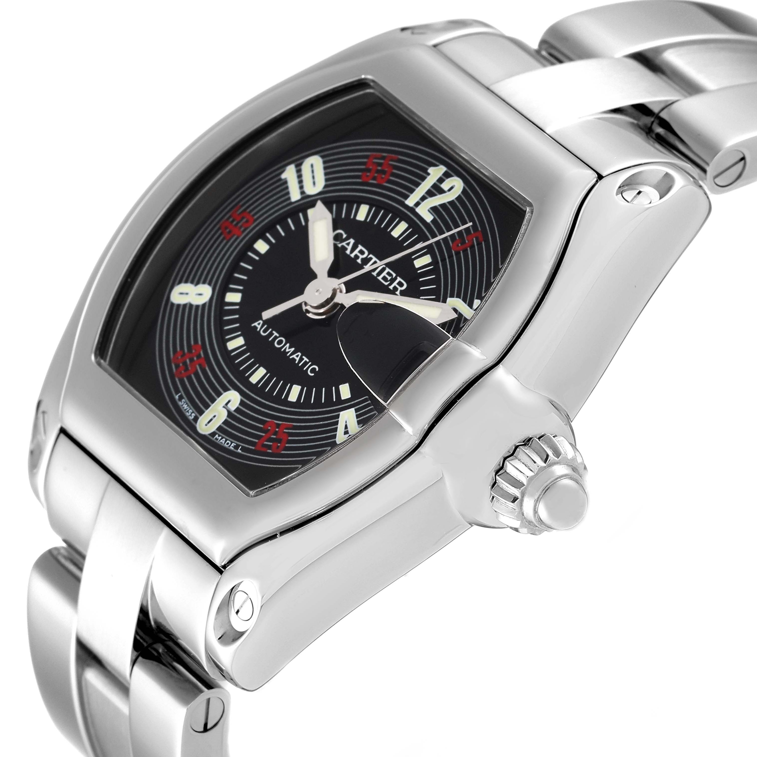 The Cartier Roadster W62002V3 Men's Stainless Steel Black Dial W62002V3 Men's Stainless Steel Black Dial watch is shown at an angle displaying the dial, crown, and part of the bracelet.