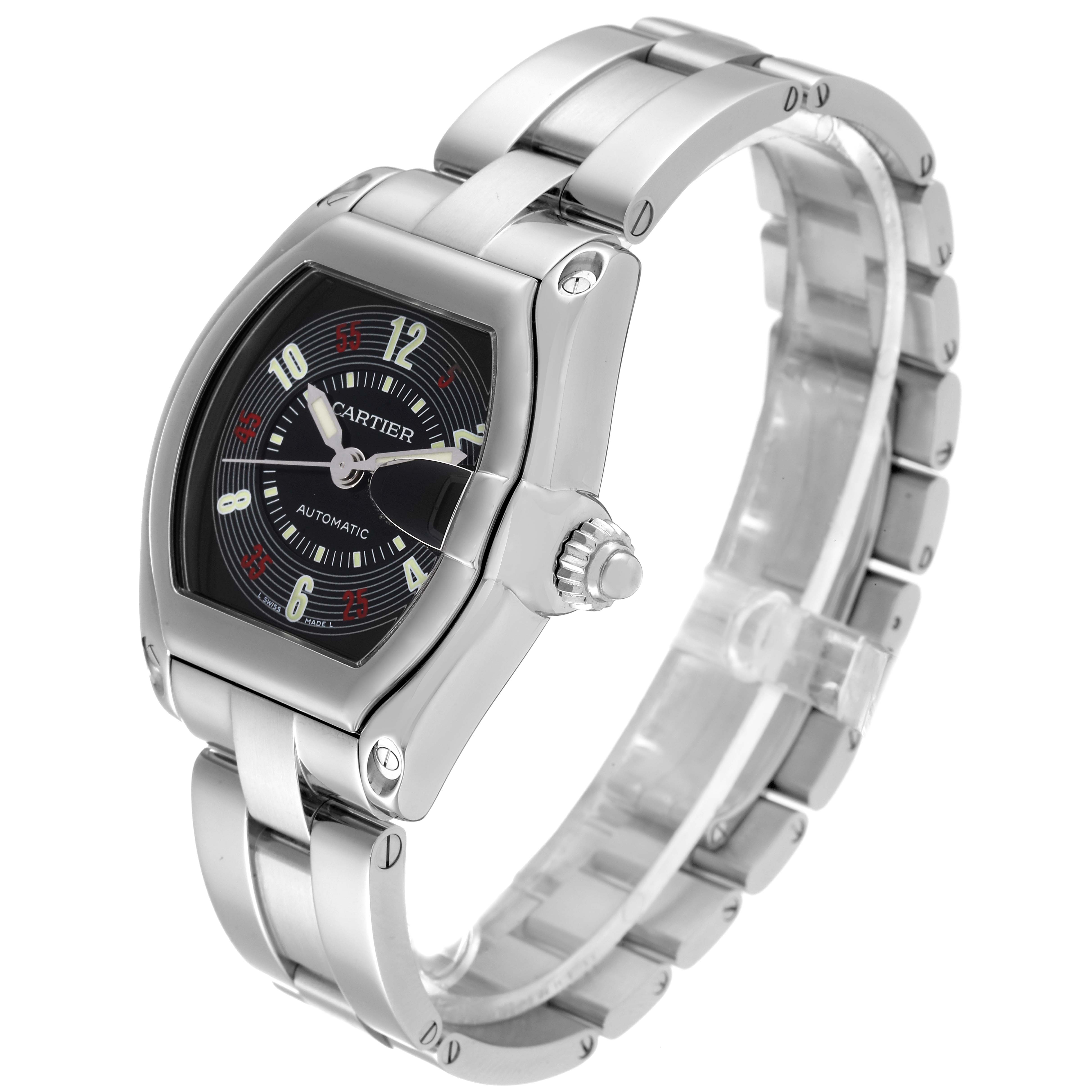 The Cartier Roadster W62002V3 Men's Stainless Steel Black Dial W62002V3 Men's Stainless Steel Black Dial watch is shown at an angled side view, displaying the face, bezel, crown, and metal bracelet.
