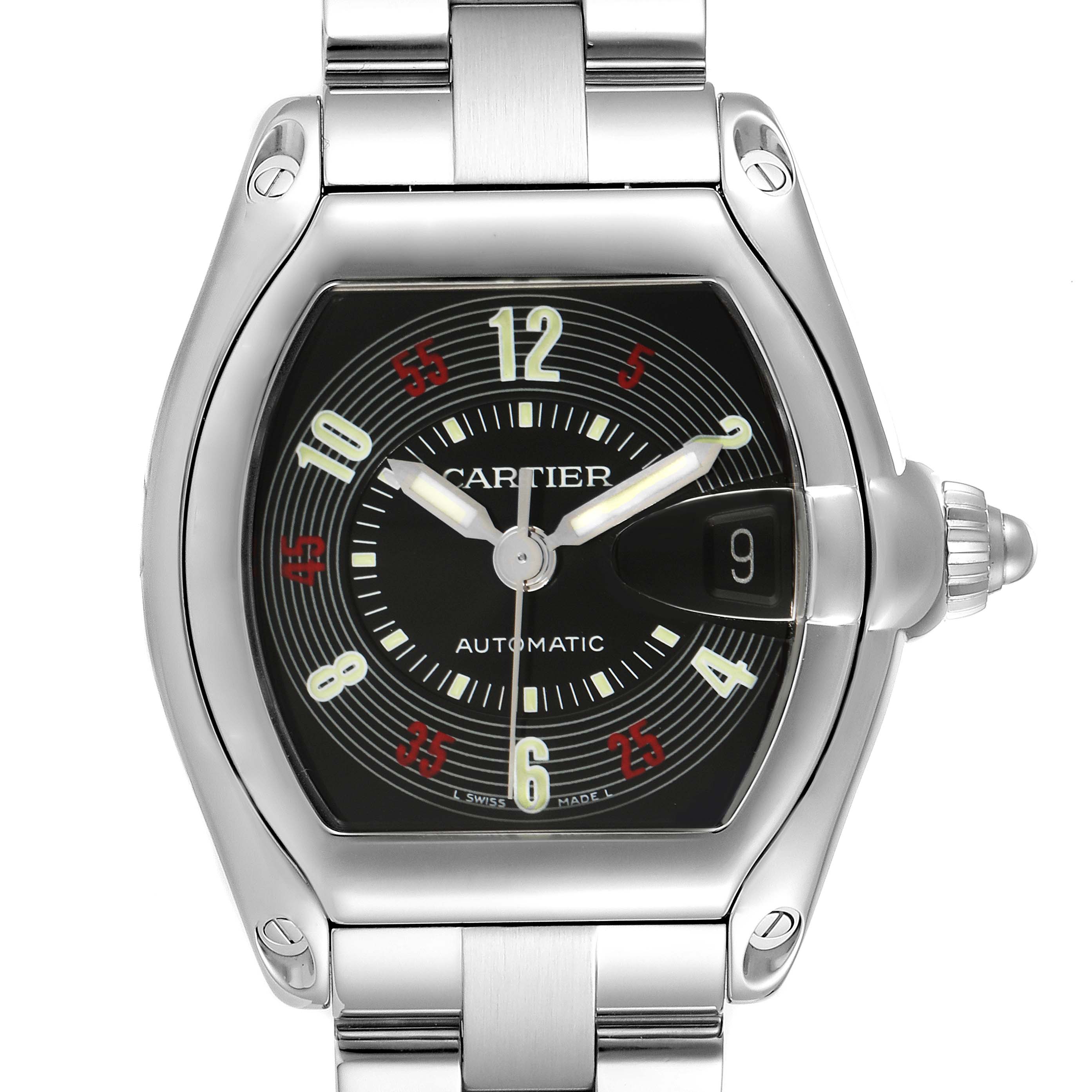 The image shows a front view of the Cartier Roadster W62002V3 Men's Stainless Steel Black Dial W62002V3 Men's Stainless Steel Black Dial model watch, featuring its dial, case, and part of the bracelet.