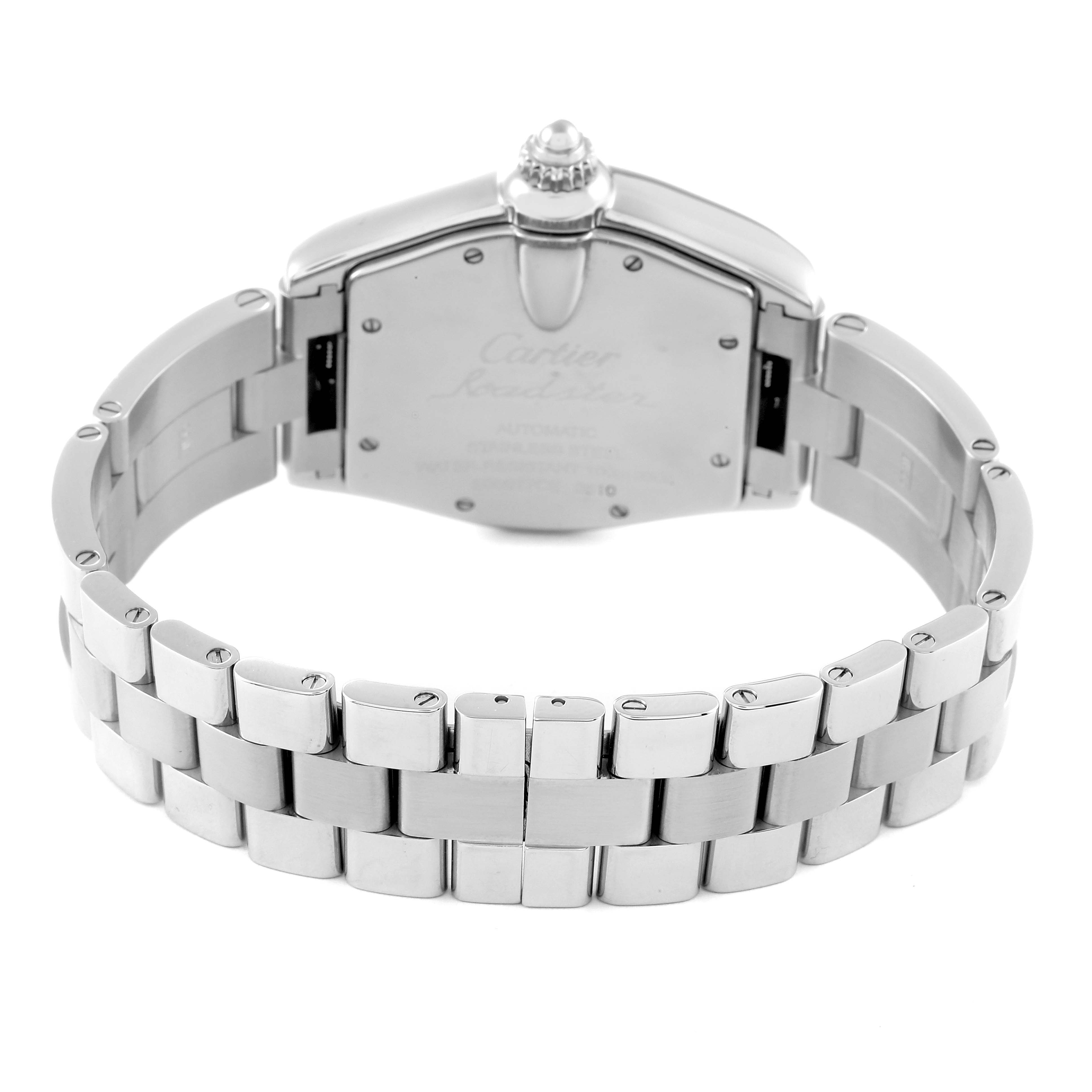 This image shows the back case and bracelet of the Cartier Roadster W62002V3 Men's Stainless Steel Black Dial W62002V3 Men's Stainless Steel Black Dial watch from a top-down angle.