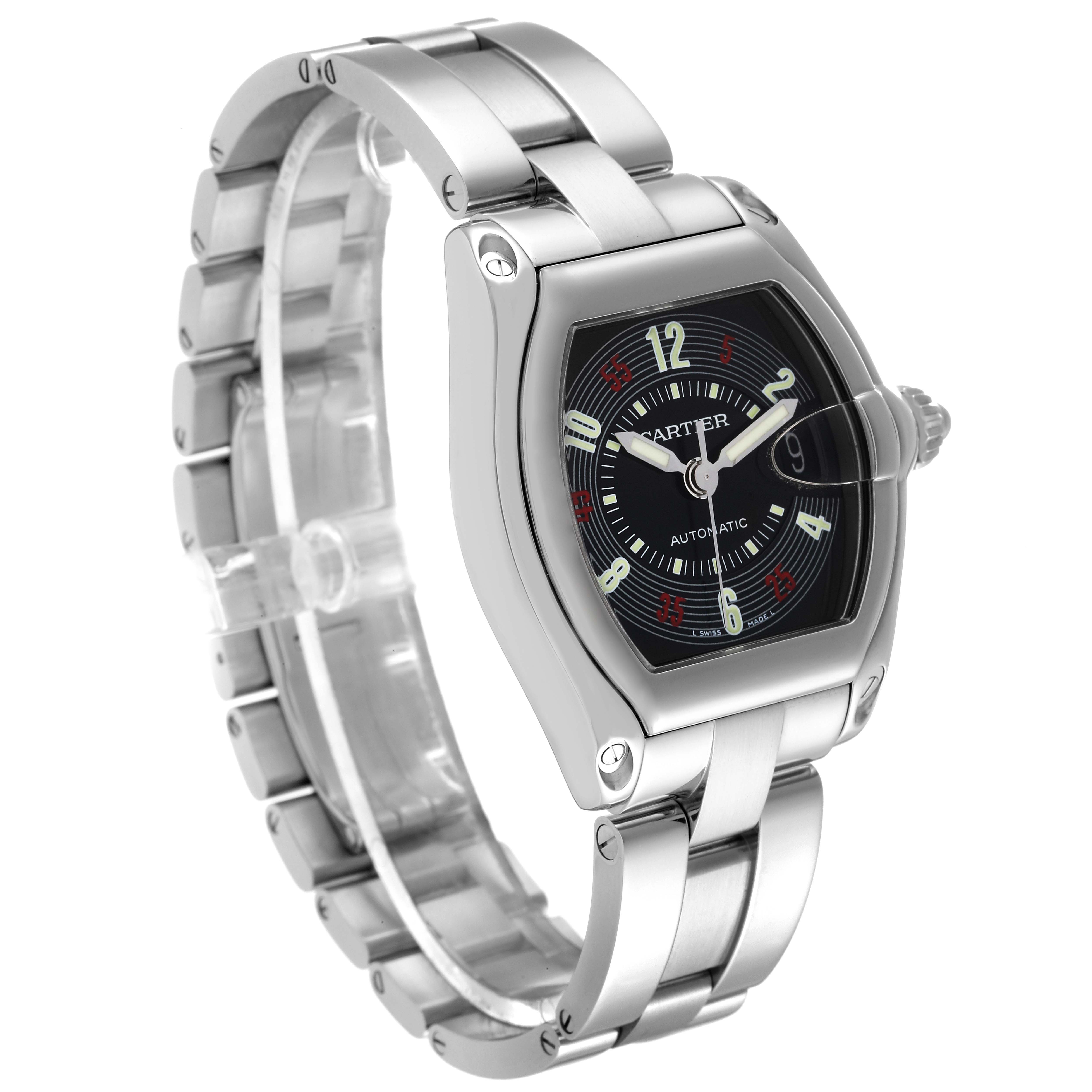 The image shows a Cartier Roadster W62002V3 Men's Stainless Steel Black Dial W62002V3 Men's Stainless Steel Black Dial watch at a three-quarter angle highlighting the face, bezel, case, and stainless steel bracelet.