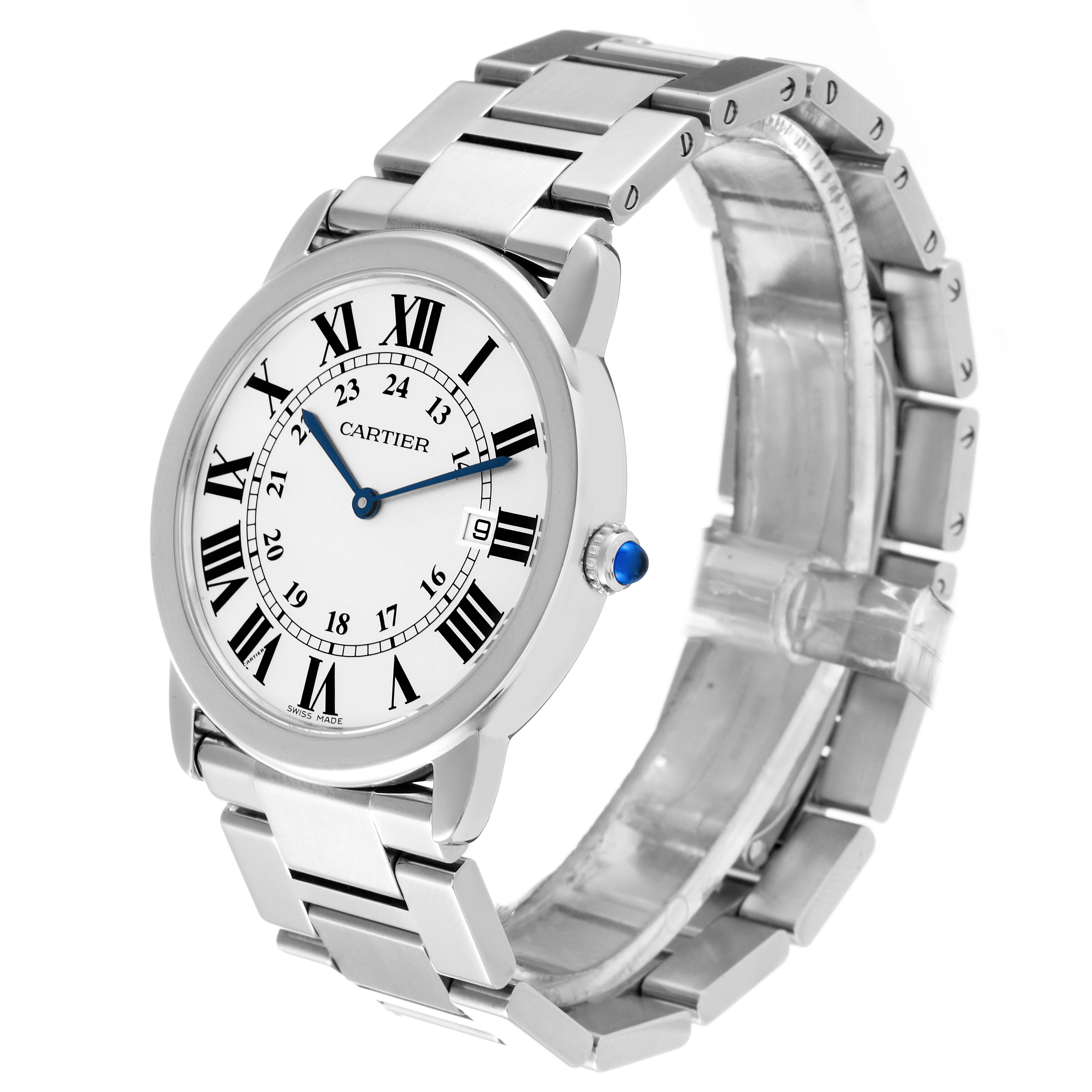 The image shows a Cartier Ronde W6701005 Men
s Stainless Steel Silver Dial W6701005 Men
s Stainless Steel Silver Dial model watch from a side angle, displaying the face, crown, and part of the bracelet.