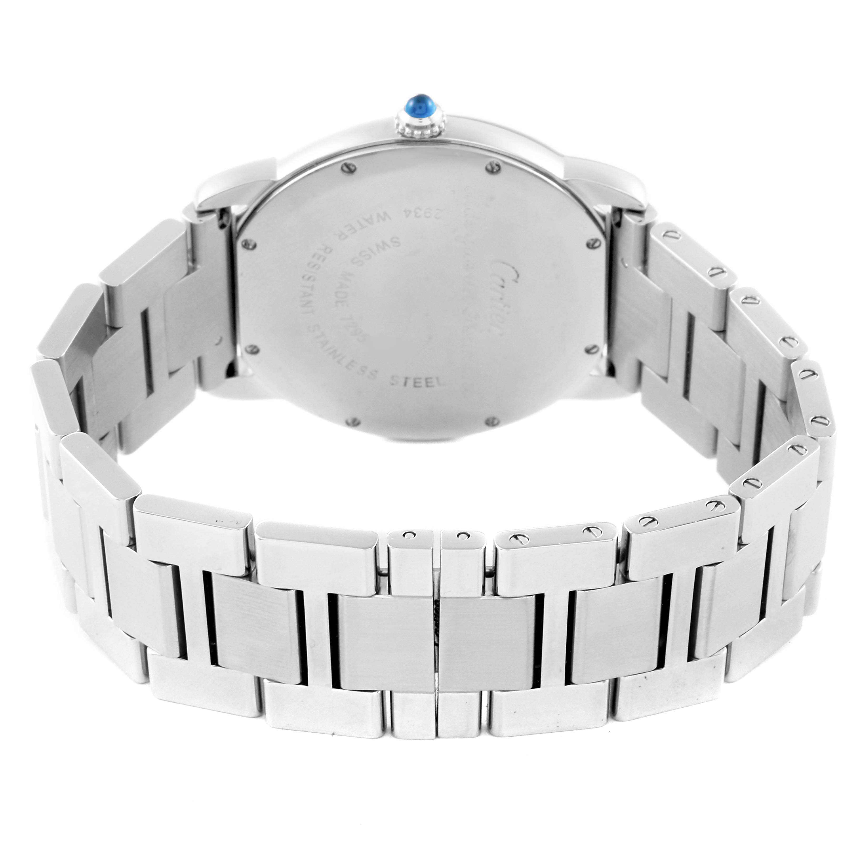 This image shows the back of a Cartier Ronde W6701005 Men
s Stainless Steel Silver Dial W6701005 Men
s Stainless Steel Silver Dial watch, highlighting the stainless steel case and bracelet with a blue cabochon on the crown.
