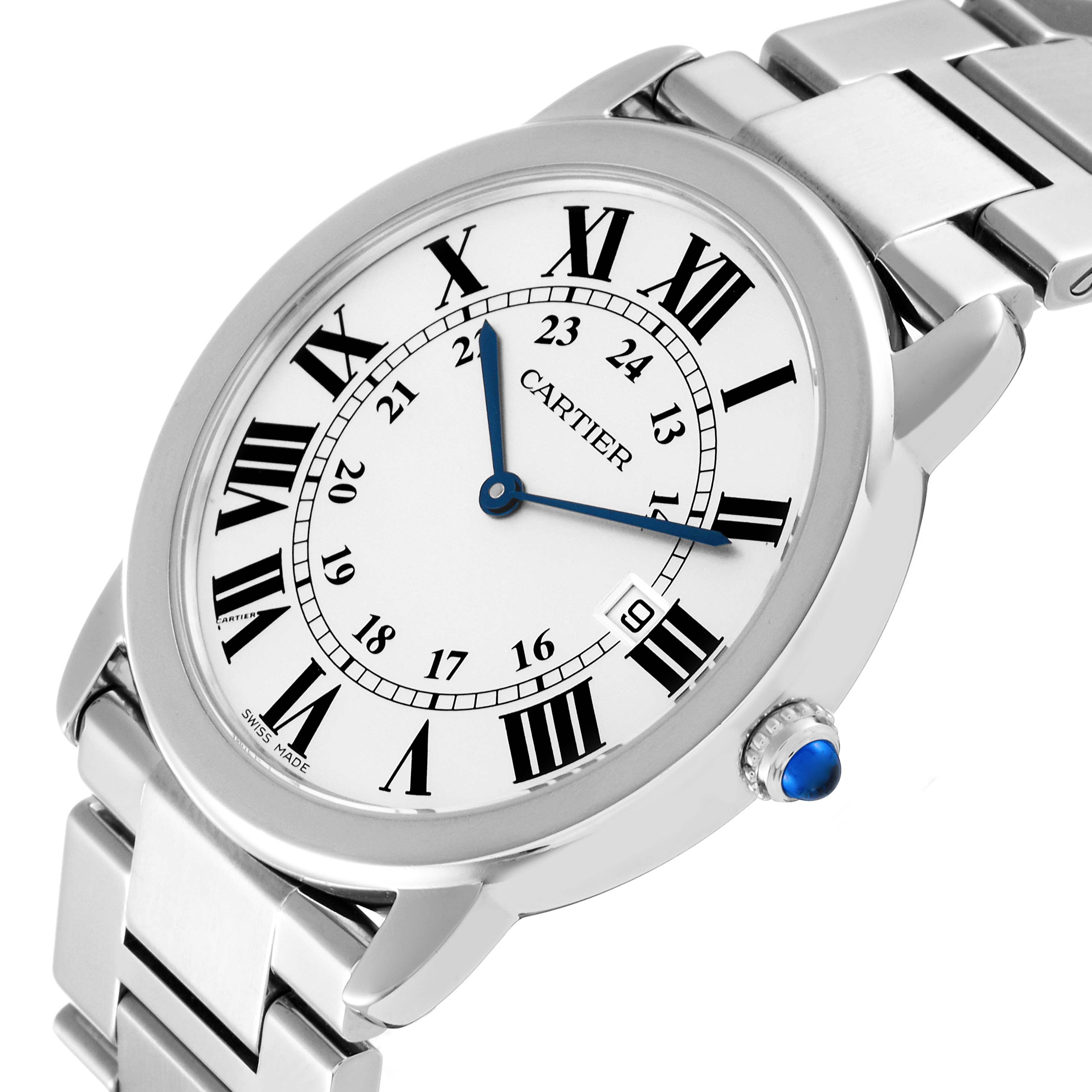 The image shows a Cartier Ronde W6701005 Men
s Stainless Steel Silver Dial W6701005 Men
s Stainless Steel Silver Dial watch at an angle, highlighting its face, bezel, part of the bracelet, and the blue cabochon crown.