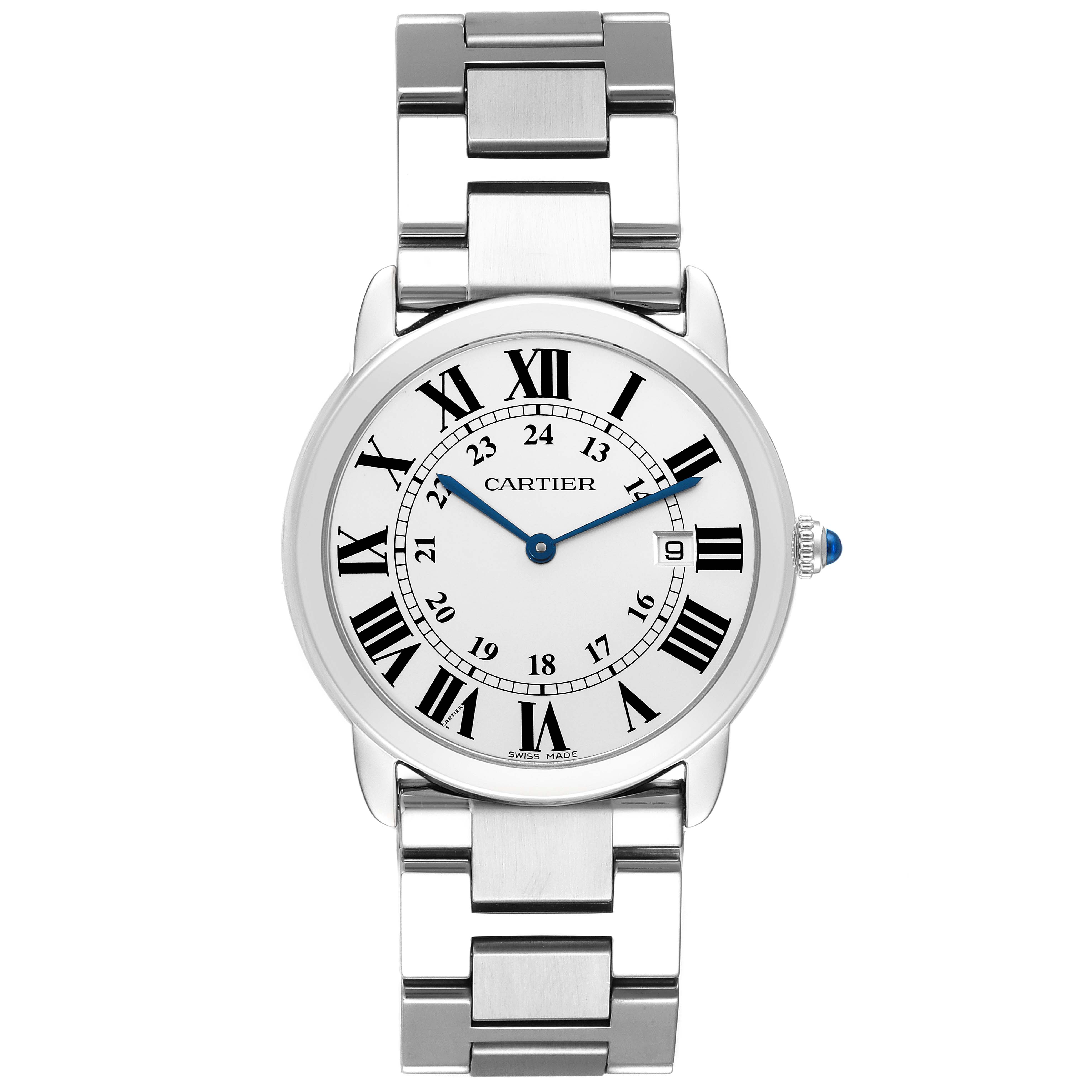 This image shows a front view of the Cartier Ronde W6701005 Men
s Stainless Steel Silver Dial W6701005 Men
s Stainless Steel Silver Dial model watch, featuring its dial, hands, Roman numerals, and metal bracelet.