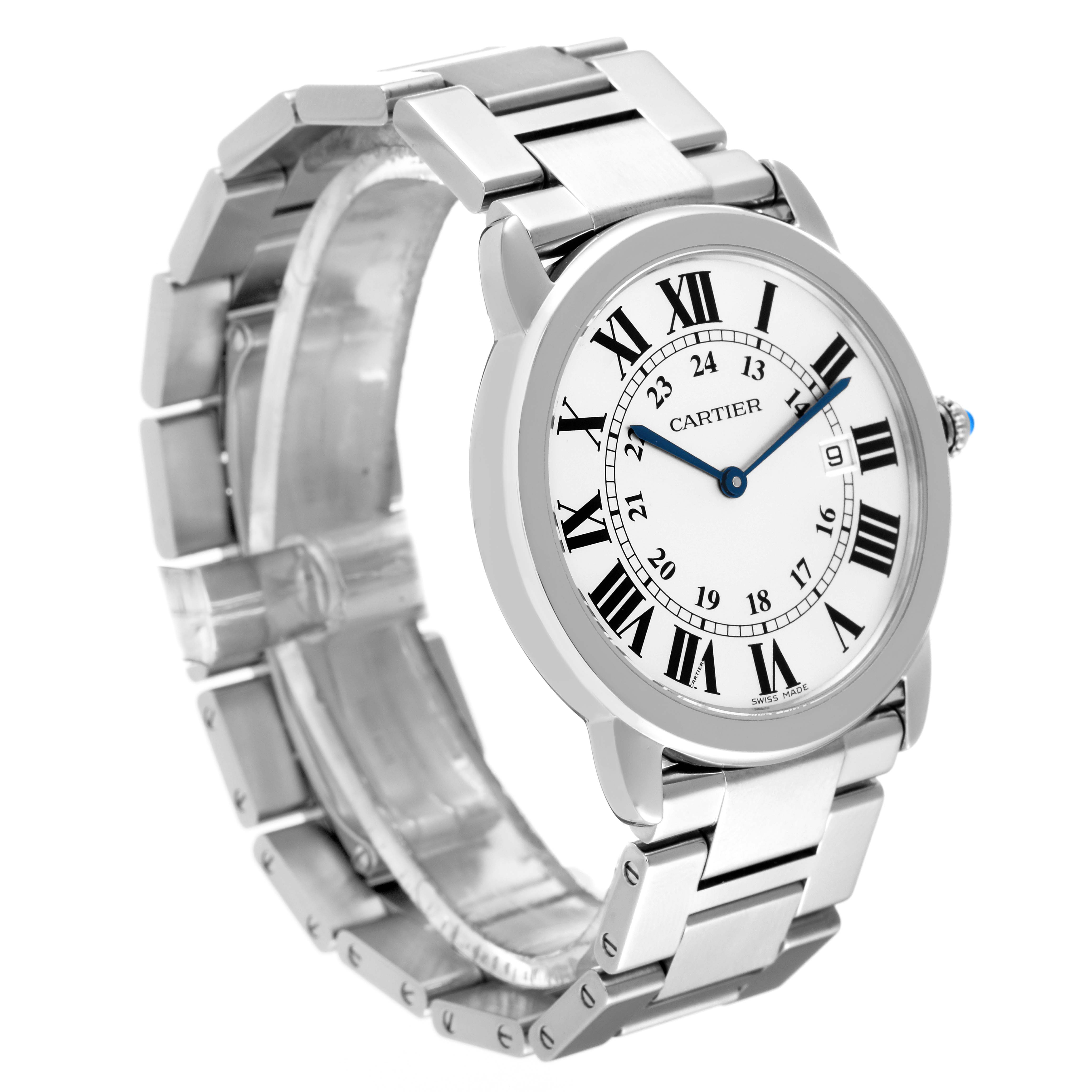 This image shows a Cartier Ronde W6701005 Men
s Stainless Steel Silver Dial W6701005 Men
s Stainless Steel Silver Dial watch at a three-quarter angle, featuring its face, bracelet, and crown.
